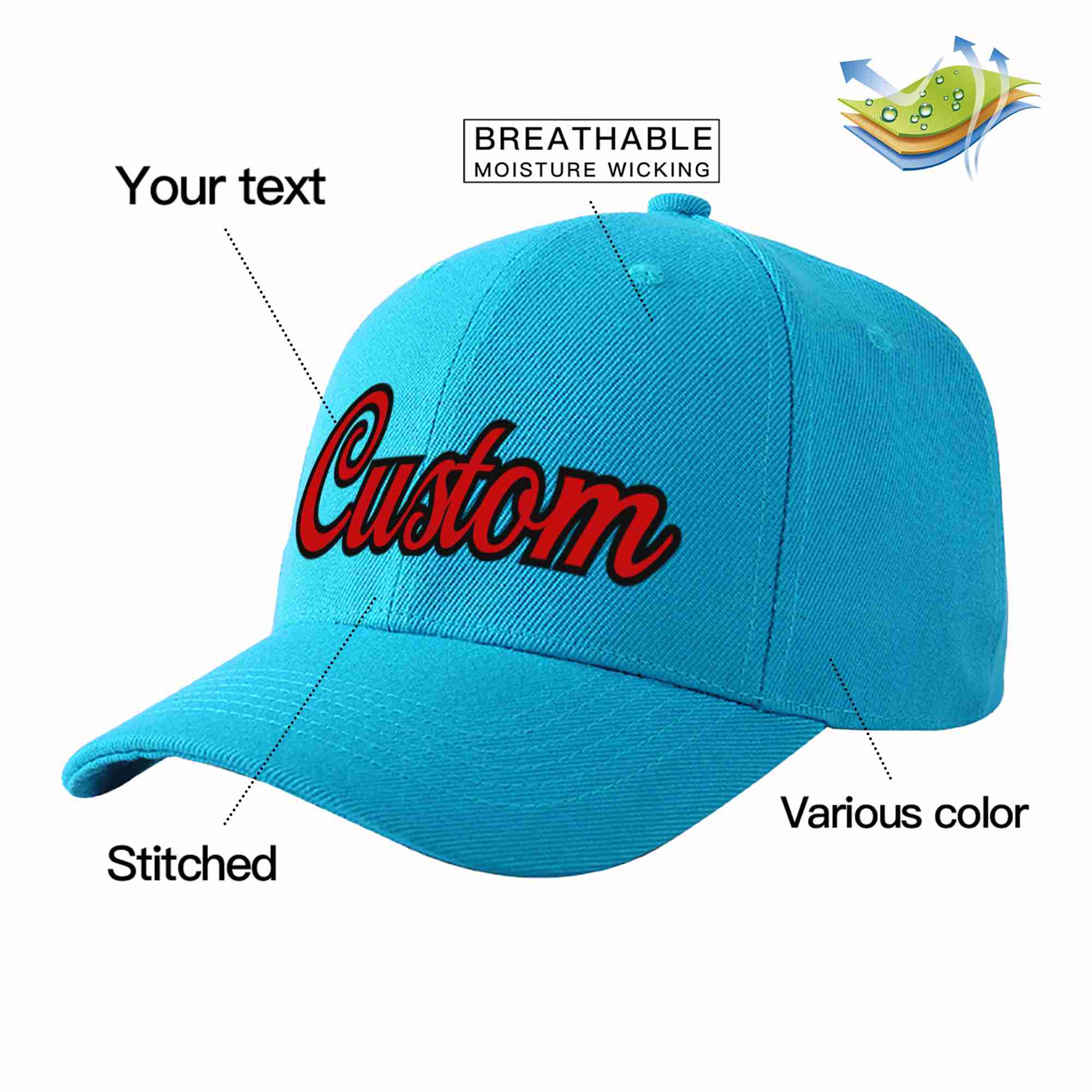 Conception personnalisée de casquette de baseball de sport incurvée rouge-noir Aqua pour hommes/femmes/jeunes