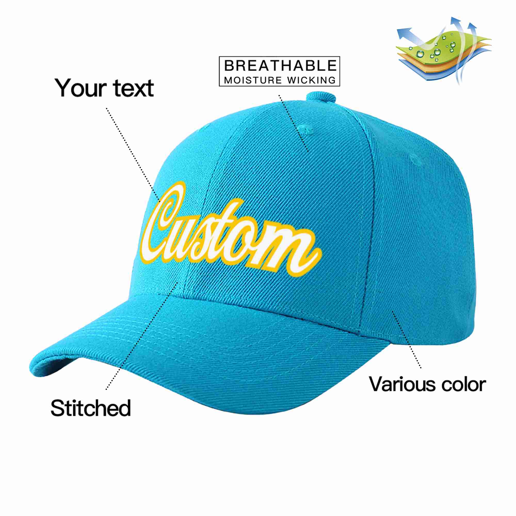 Custom Aqua White-Gold Curved Eaves Sport Baseball Cap Design for Men/Women/Youth