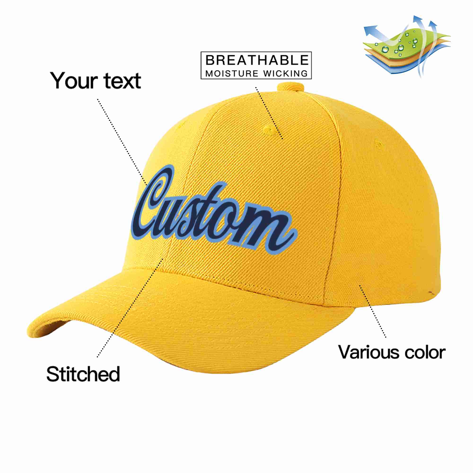 Custom Gold Navy-Light Blue Curved Eaves Sport Baseball Cap Design for Men/Women/Youth