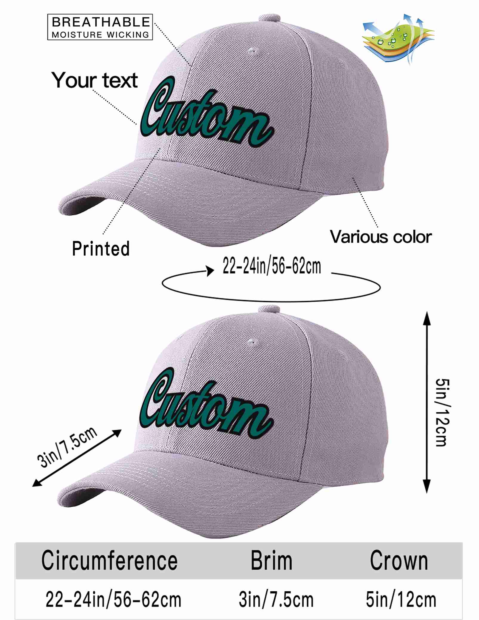 Custom Gray Aqua-Black Curved Eaves Sport Baseball Cap Design for Men/Women/Youth