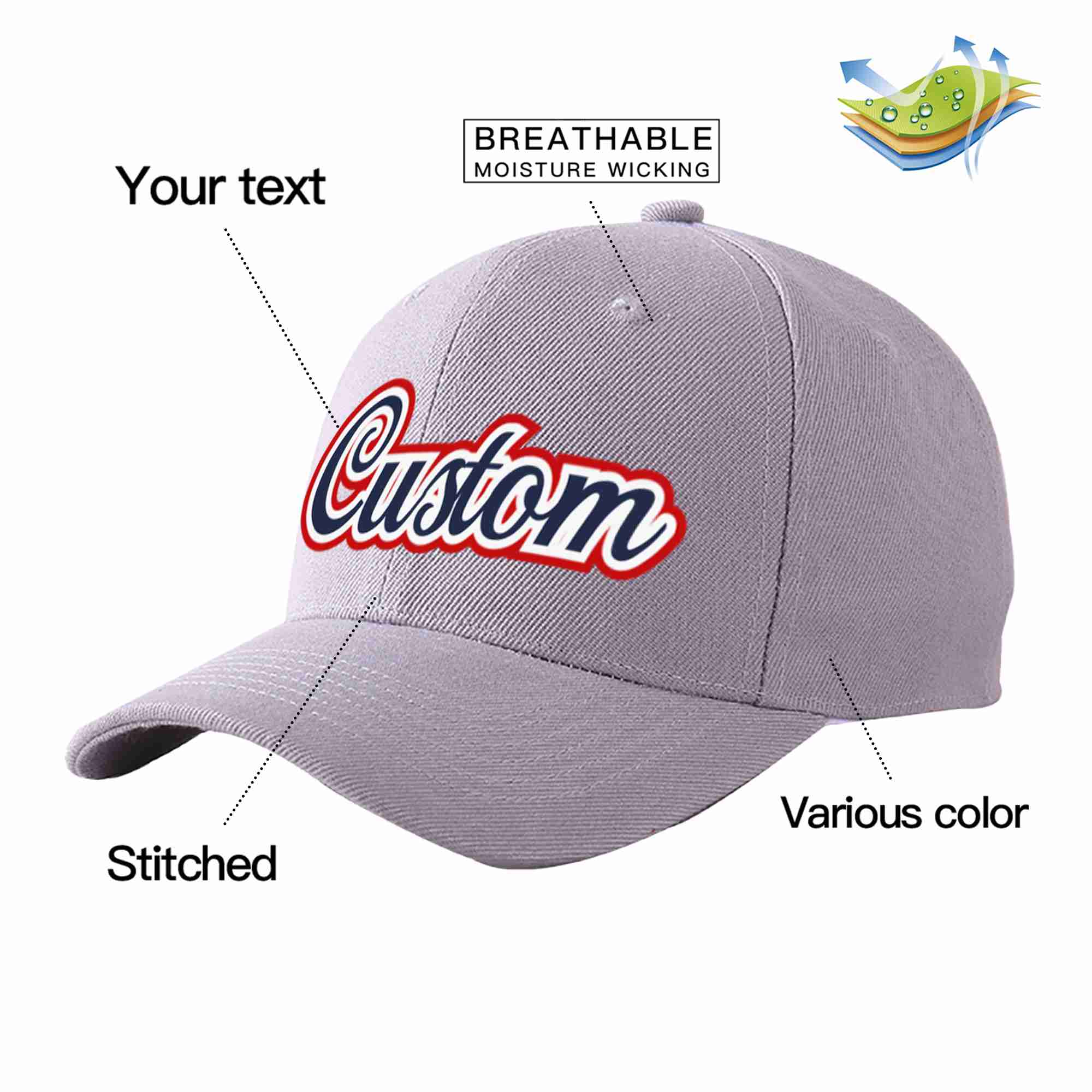 Conception personnalisée de casquette de baseball de sport incurvée gris marine-blanc pour hommes/femmes/jeunes