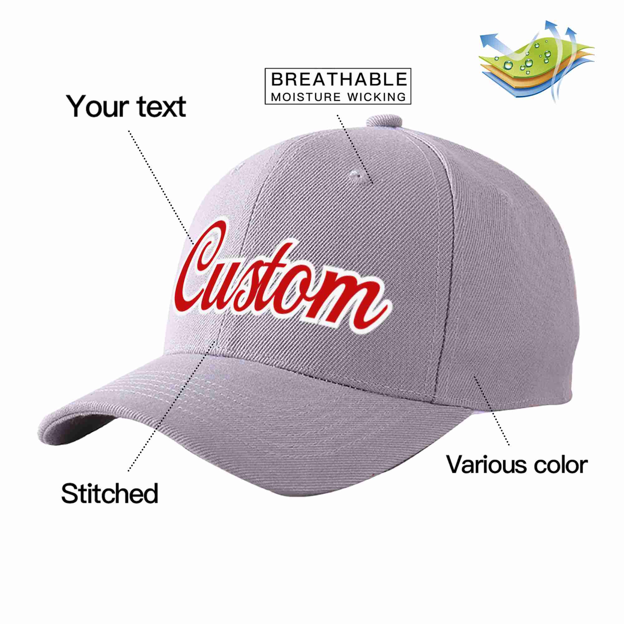 Conception personnalisée de casquette de baseball de sport courbée gris rouge-blanc pour hommes/femmes/jeunes