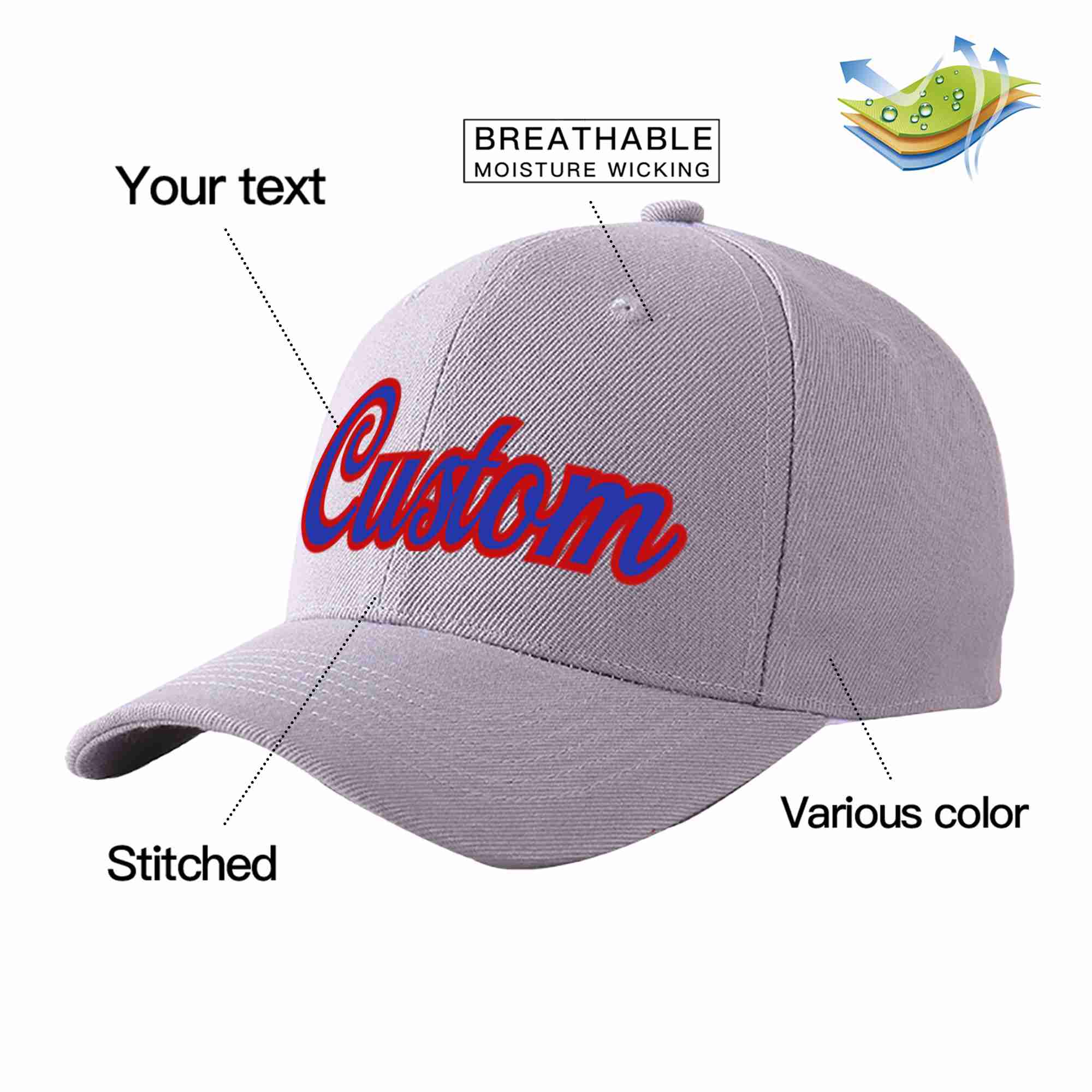 Custom Gray Royal-Red Curved Eaves Sport Baseball Cap Design for Men/Women/Youth