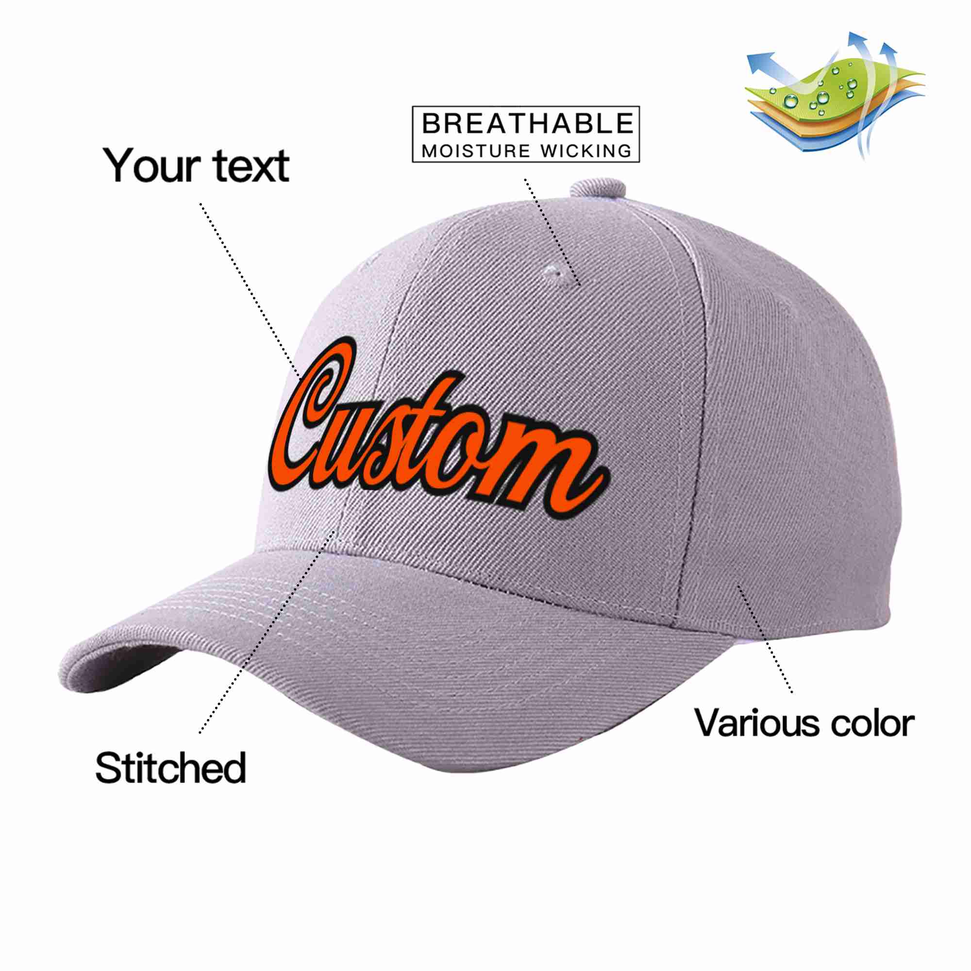 Conception personnalisée de casquette de baseball de sport incurvée gris orange-noir pour hommes/femmes/jeunes