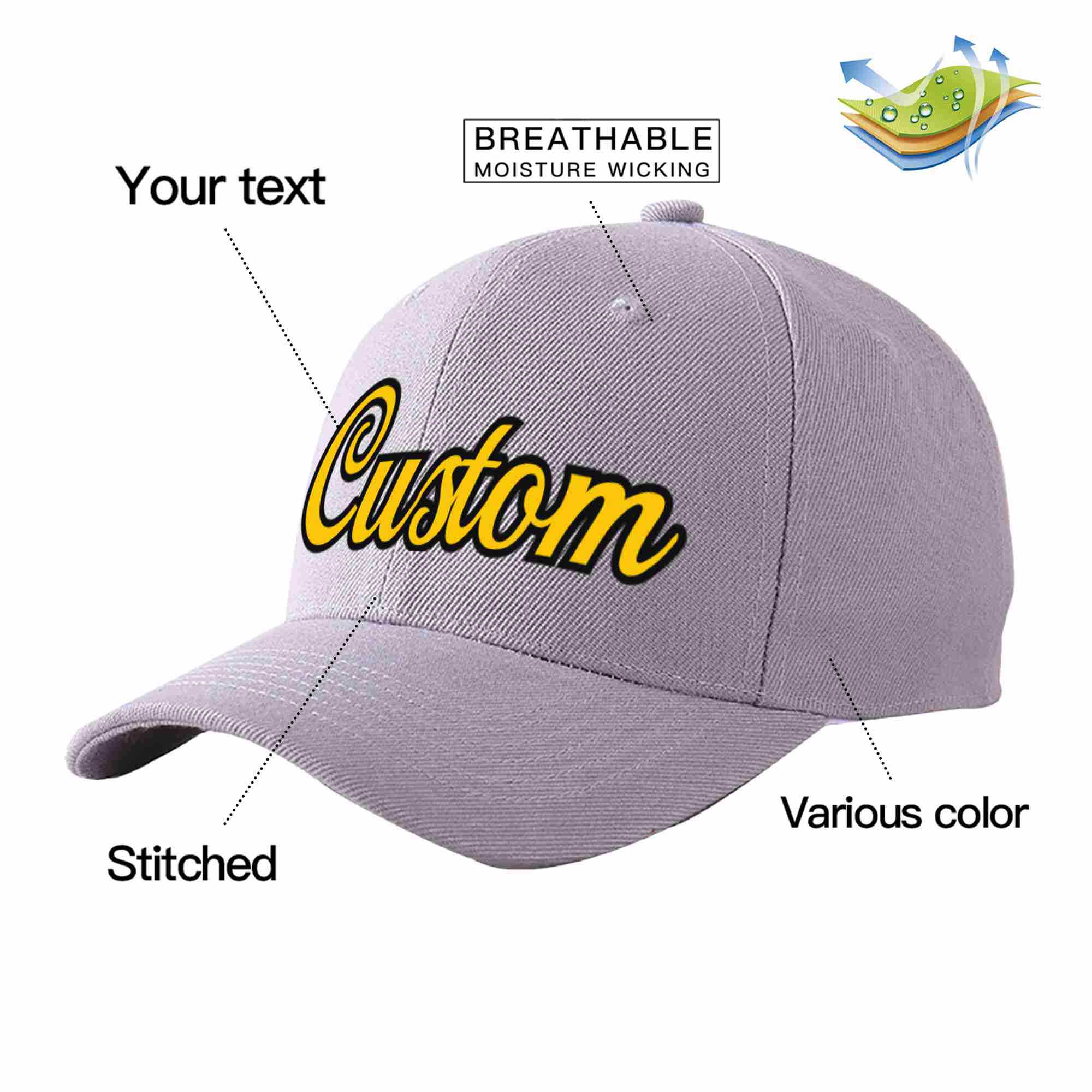 Custom Gray Gold-Black Curved Eaves Sport Baseball Cap Design for Men/Women/Youth