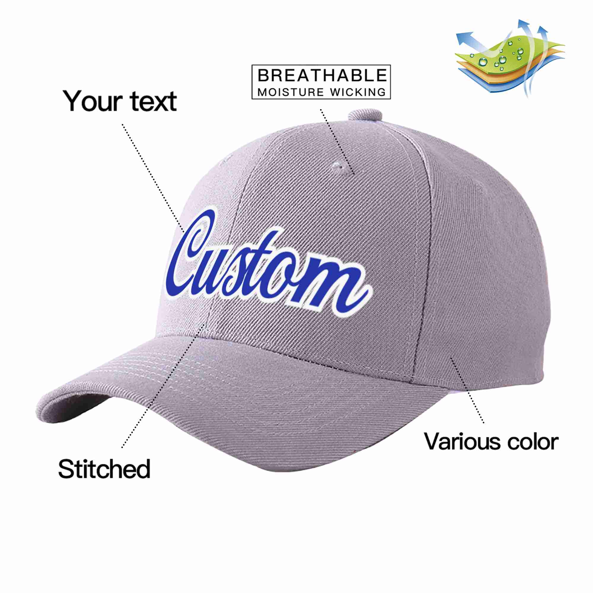 Conception personnalisée de casquette de baseball de sport incurvée gris royal-blanc pour hommes/femmes/jeunes