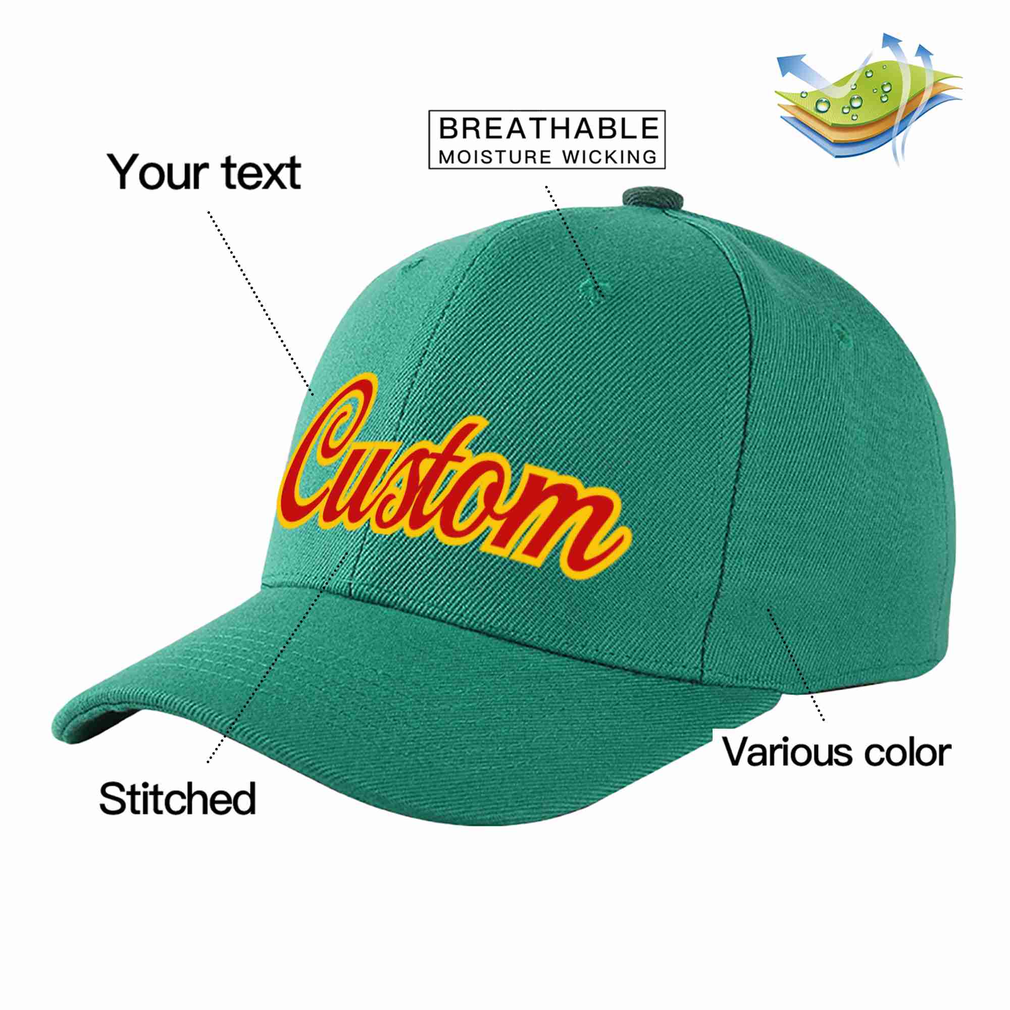 Conception personnalisée de casquette de baseball de sport incurvée vert clair rouge-jaune pour hommes/femmes/jeunes