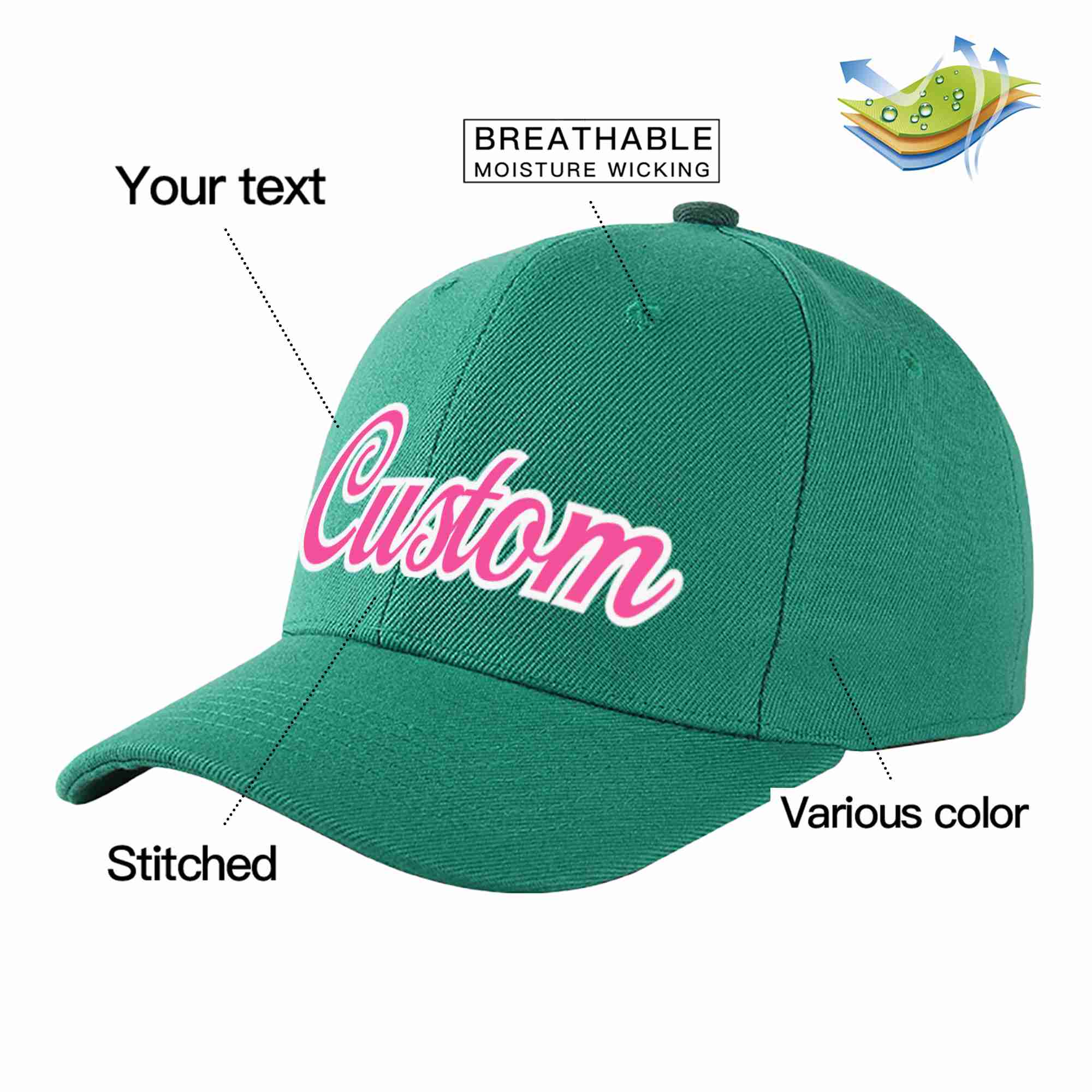 Custom Light Green Pink-White Curved Eaves Sport Baseball Cap Design for Men/Women/Youth