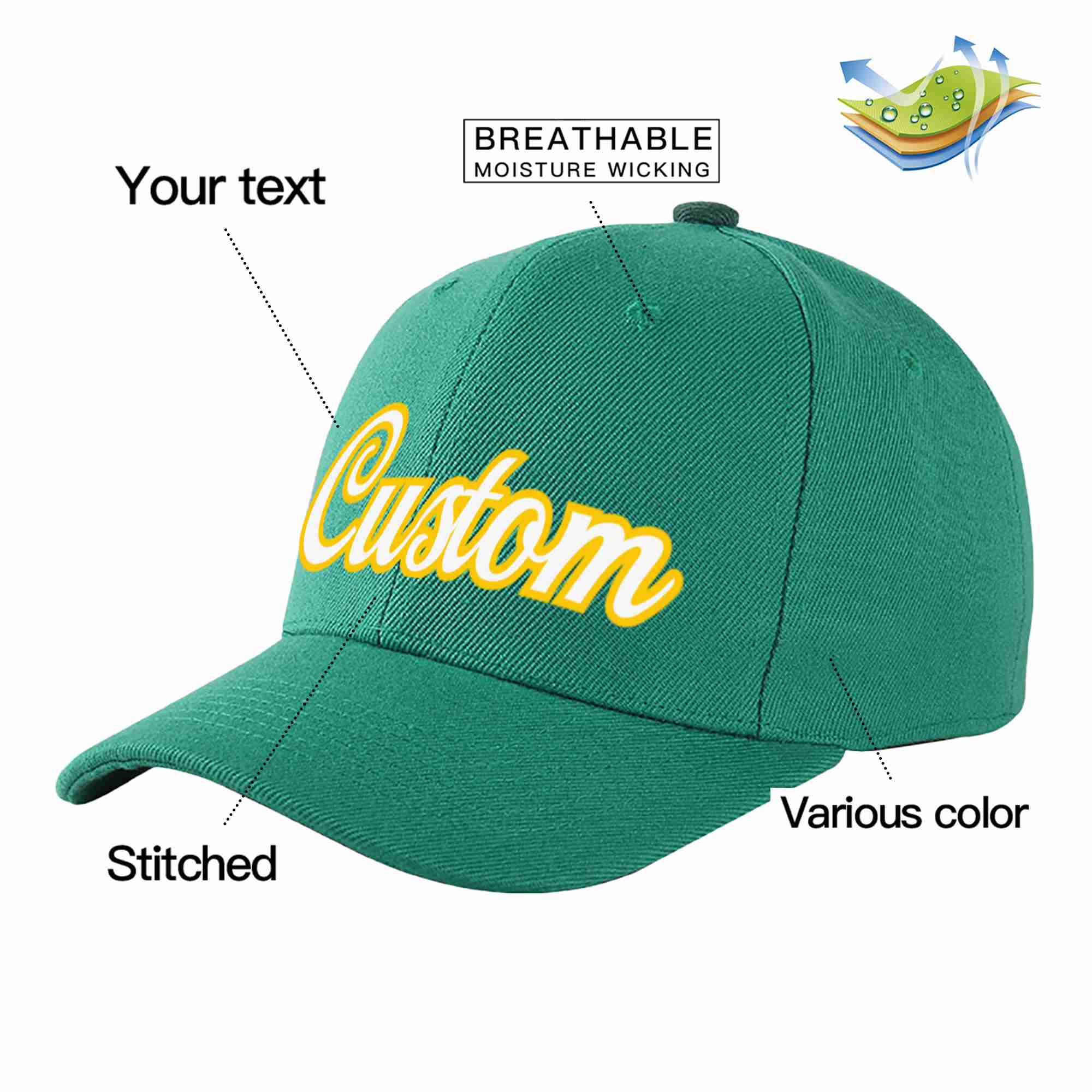 Custom Light Green White-Gold Curved Eaves Sport Baseball Cap Design for Men/Women/Youth