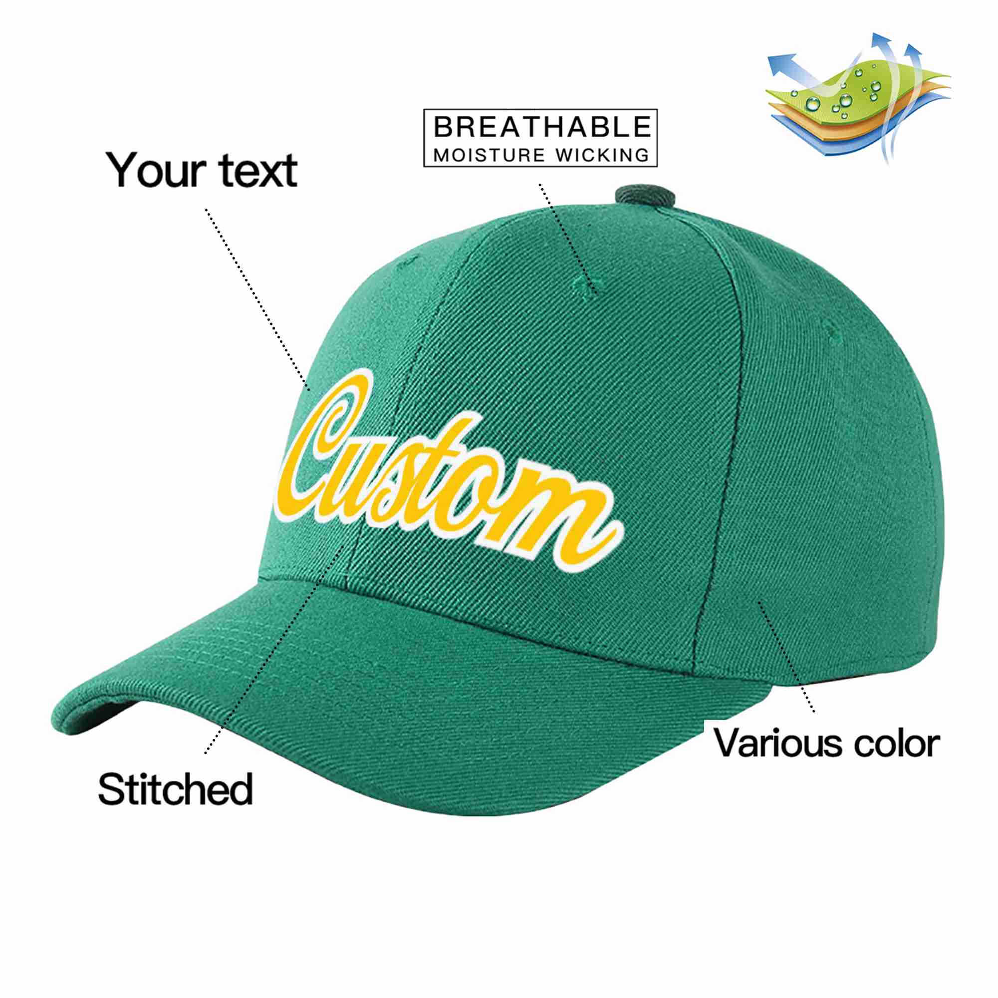 Conception personnalisée de casquette de baseball de sport incurvée vert clair or-blanc pour hommes/femmes/jeunes