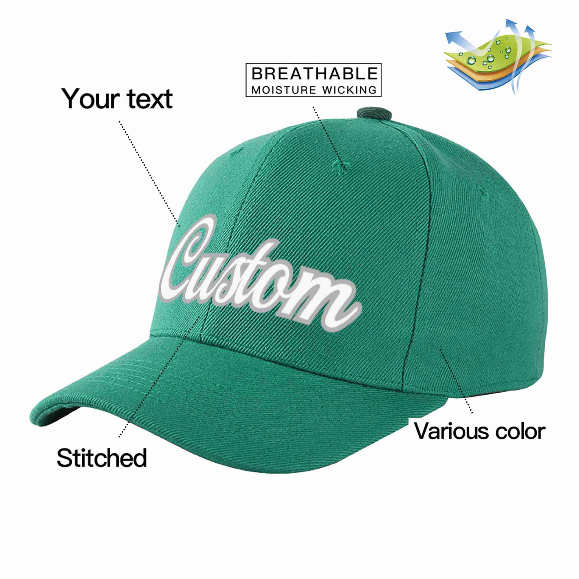 Conception personnalisée de casquette de baseball de sport incurvée vert clair blanc-gris pour hommes/femmes/jeunes