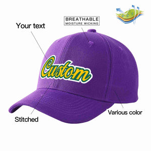 Custom Purple Gold-Kelly Green Curved Eaves Sport Baseball Cap Design for Men/Women/Youth