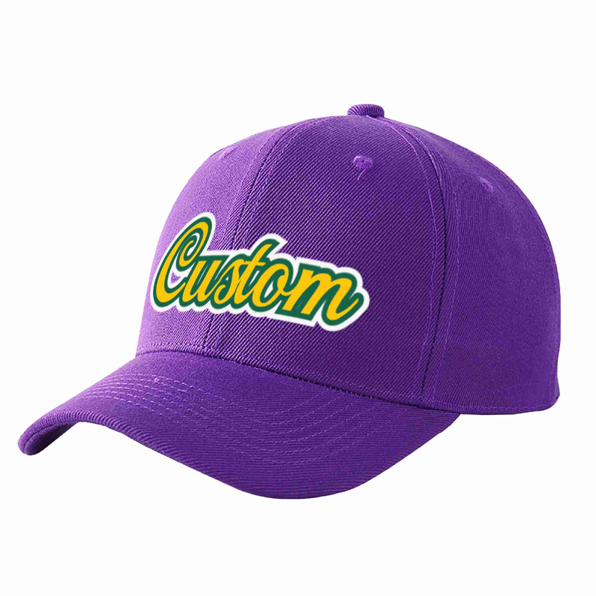 Conception personnalisée de casquette de baseball de sport incurvée pourpre or-kelly vert pour hommes/femmes/jeunes