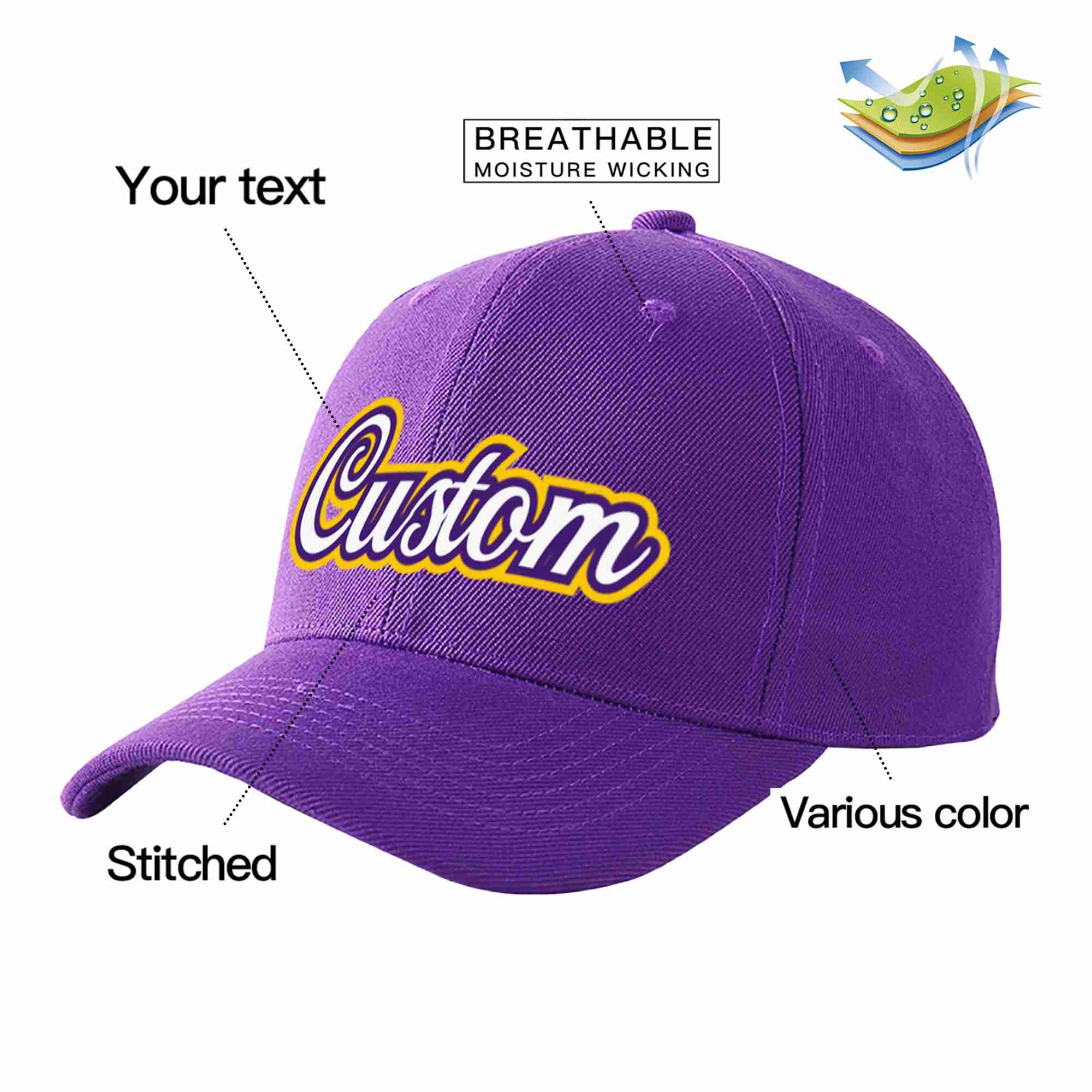 Conception personnalisée de casquette de baseball de sport incurvée violet blanc-violet pour hommes/femmes/jeunes