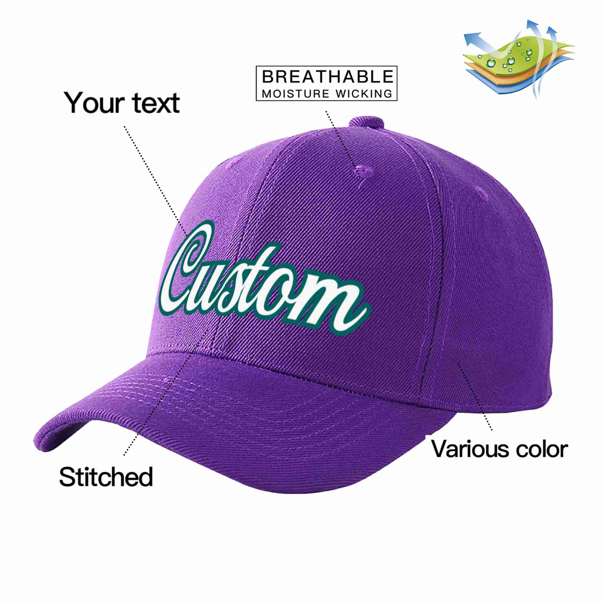 Conception personnalisée de casquette de baseball de sport incurvée pourpre blanc-aqua pour hommes/femmes/jeunes