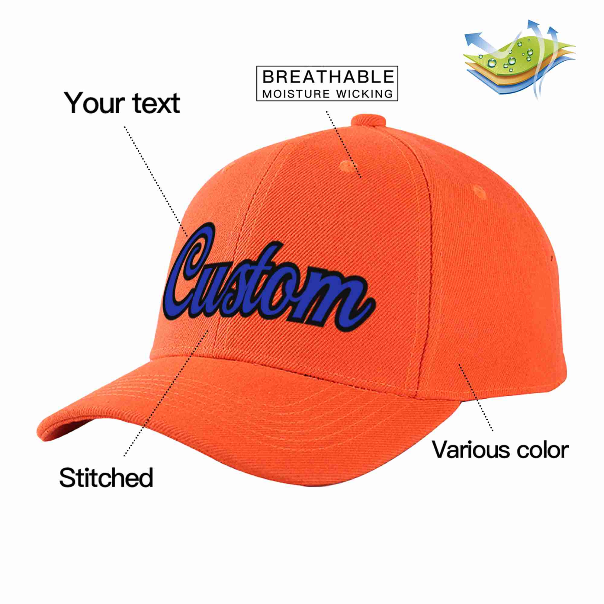 Casquette de baseball personnalisée Tangerine Royal-Black Curved Eaves Sport pour hommes/femmes/jeunes