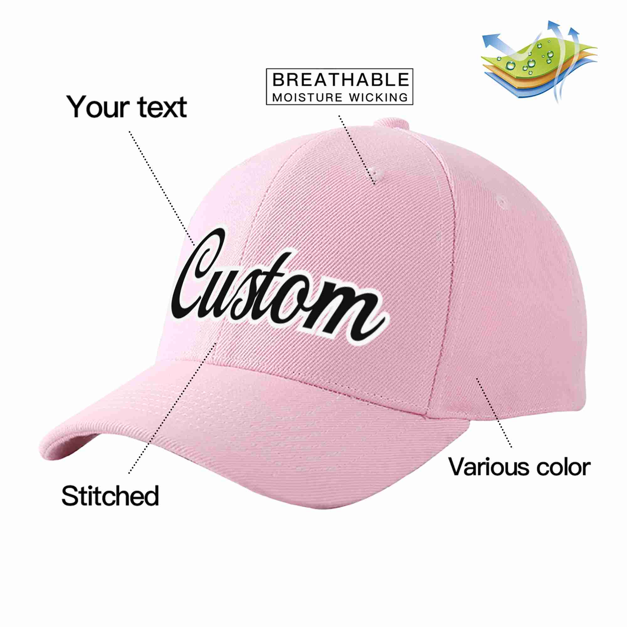 Conception personnalisée de casquette de baseball de sport incurvée rose noir-blanc pour hommes/femmes/jeunes