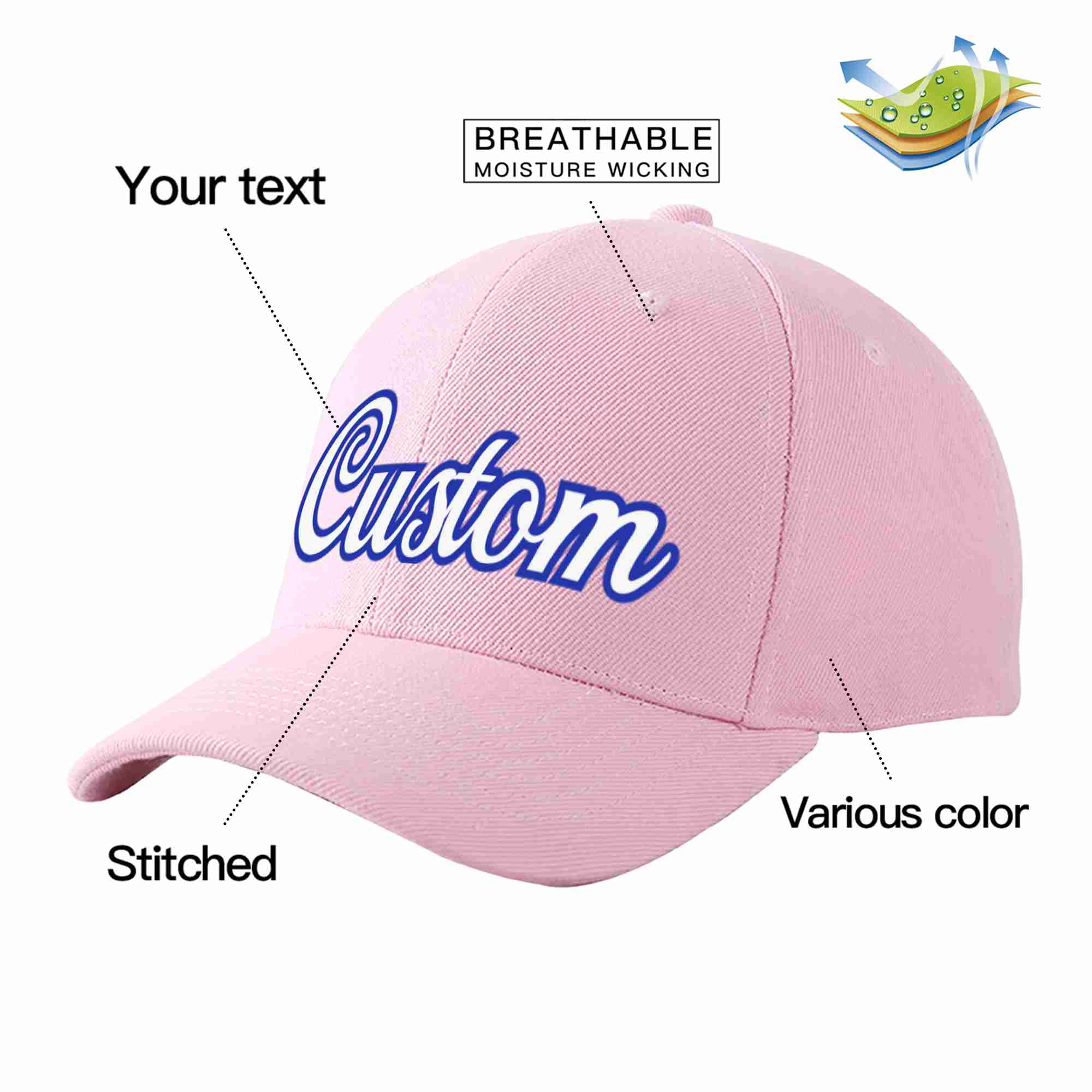 Conception personnalisée de casquette de baseball de sport incurvée Eaves rose blanc-royal pour hommes/femmes/jeunes