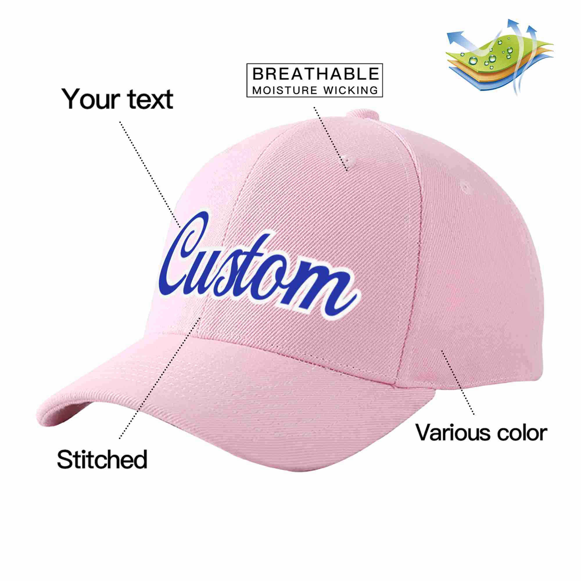 Conception personnalisée de casquette de baseball de sport incurvée rose royal-blanc pour hommes/femmes/jeunes