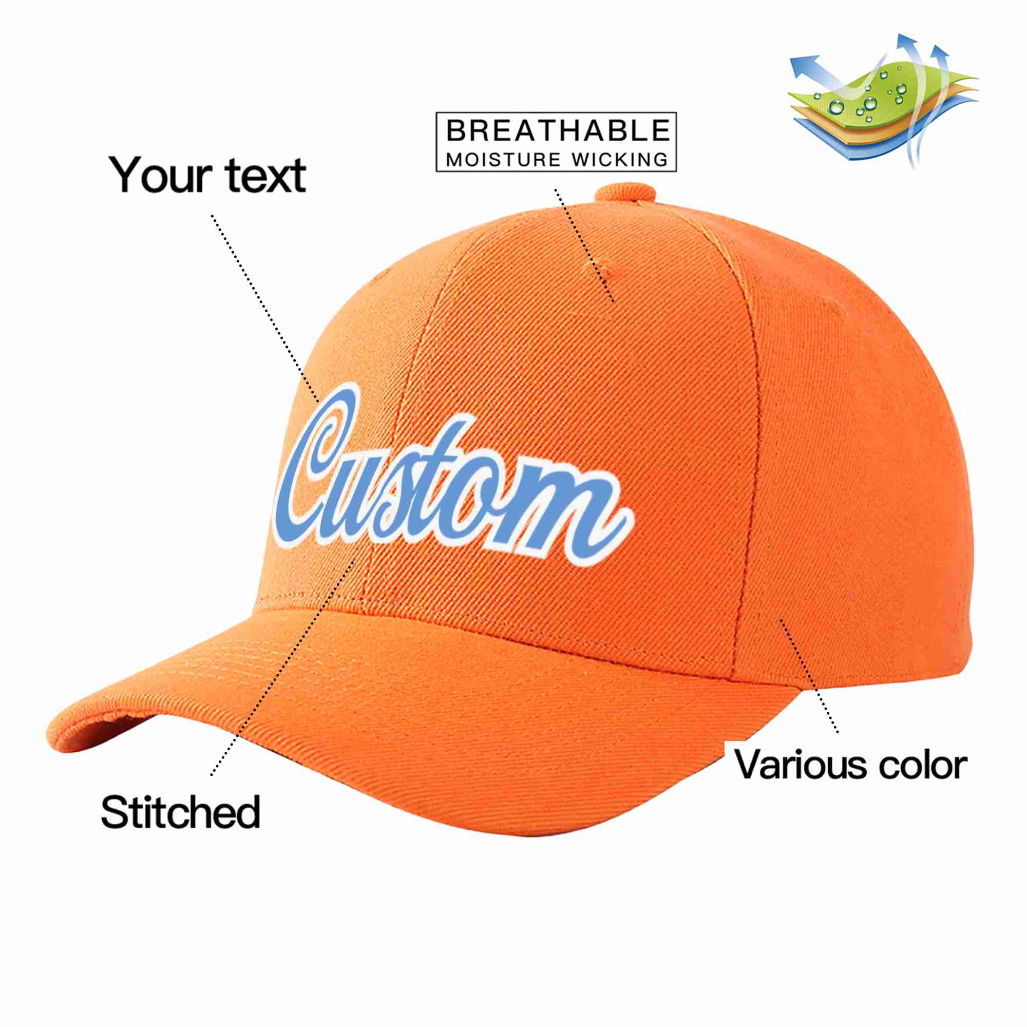 Custom Orange Light Blue-White Curved Eaves Sport Baseball Cap Design for Men/Women/Youth