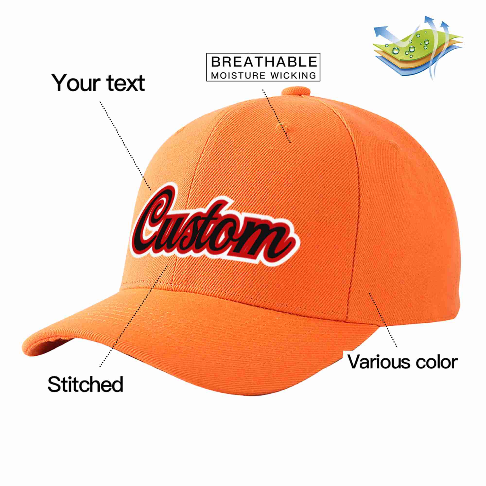 Conception personnalisée de casquette de baseball de sport incurvée orange noir-rouge pour hommes/femmes/jeunes