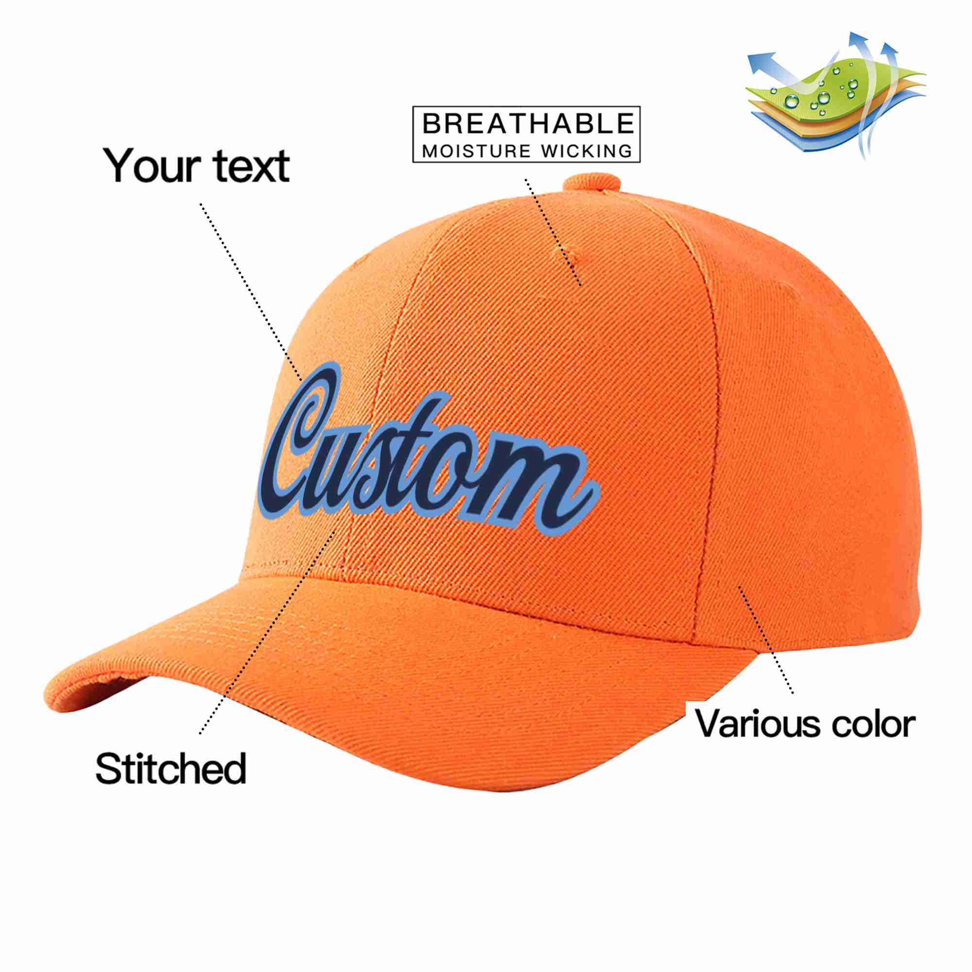 Custom Orange Navy-Light Blue Curved Eaves Sport Baseball Cap Design for Men/Women/Youth