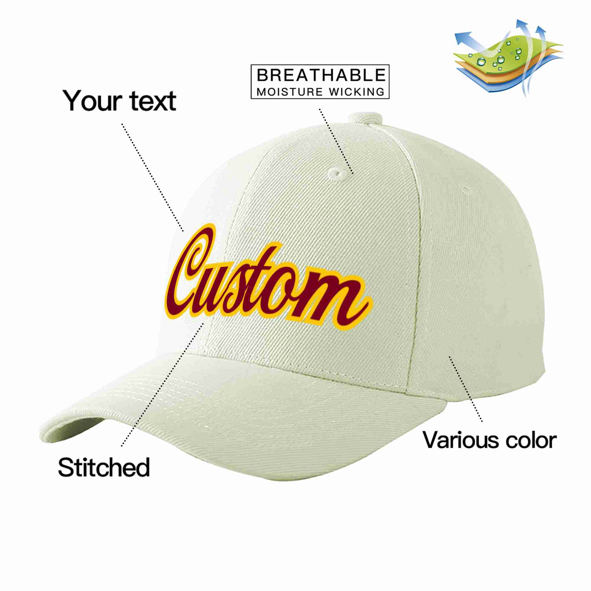 Custom Cream Crimson-Gold Curved Eaves Sport Baseball Cap Design for Men/Women/Youth