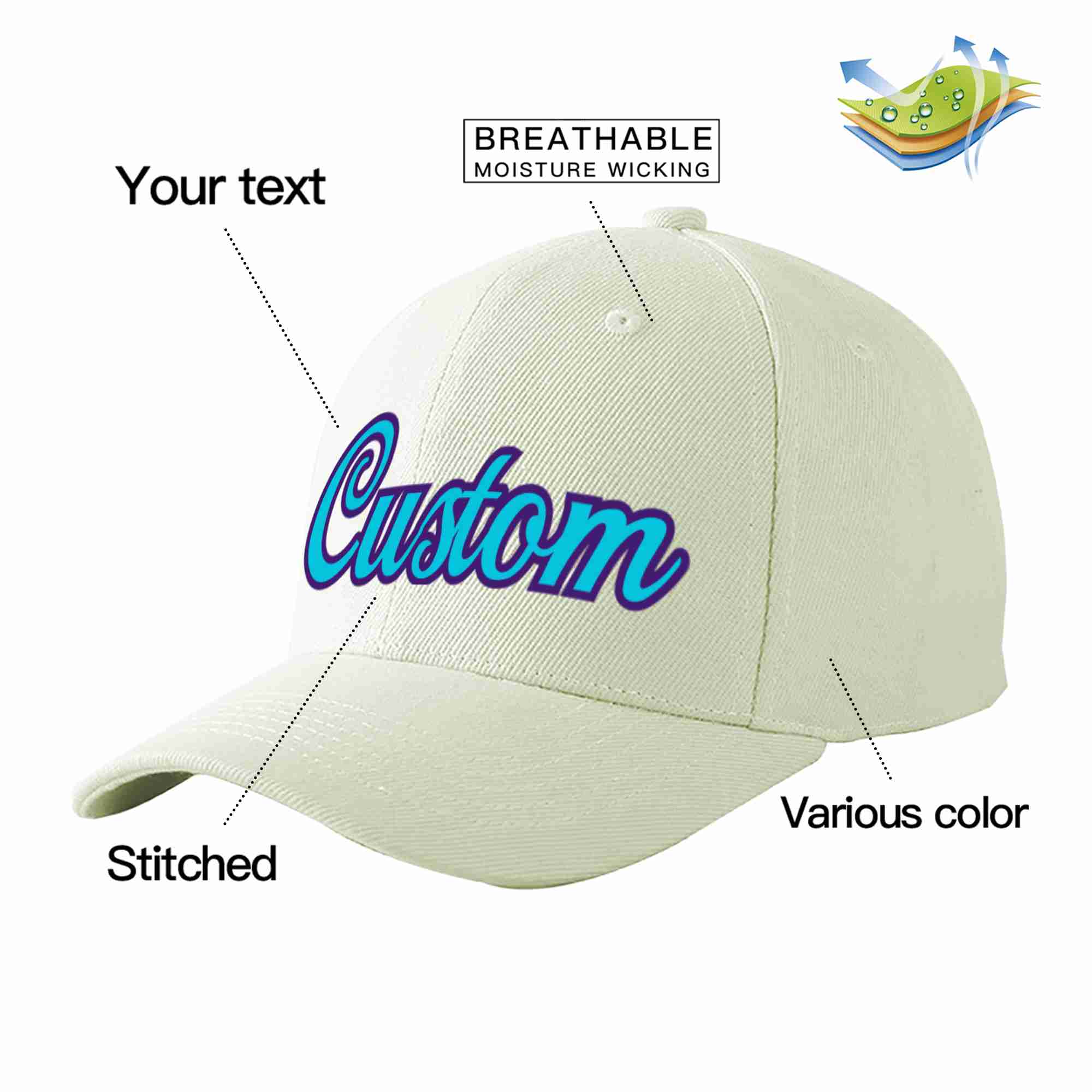 Custom Cream Light Blue-Purple Curved Eaves Sport Baseball Cap Design for Men/Women/Youth