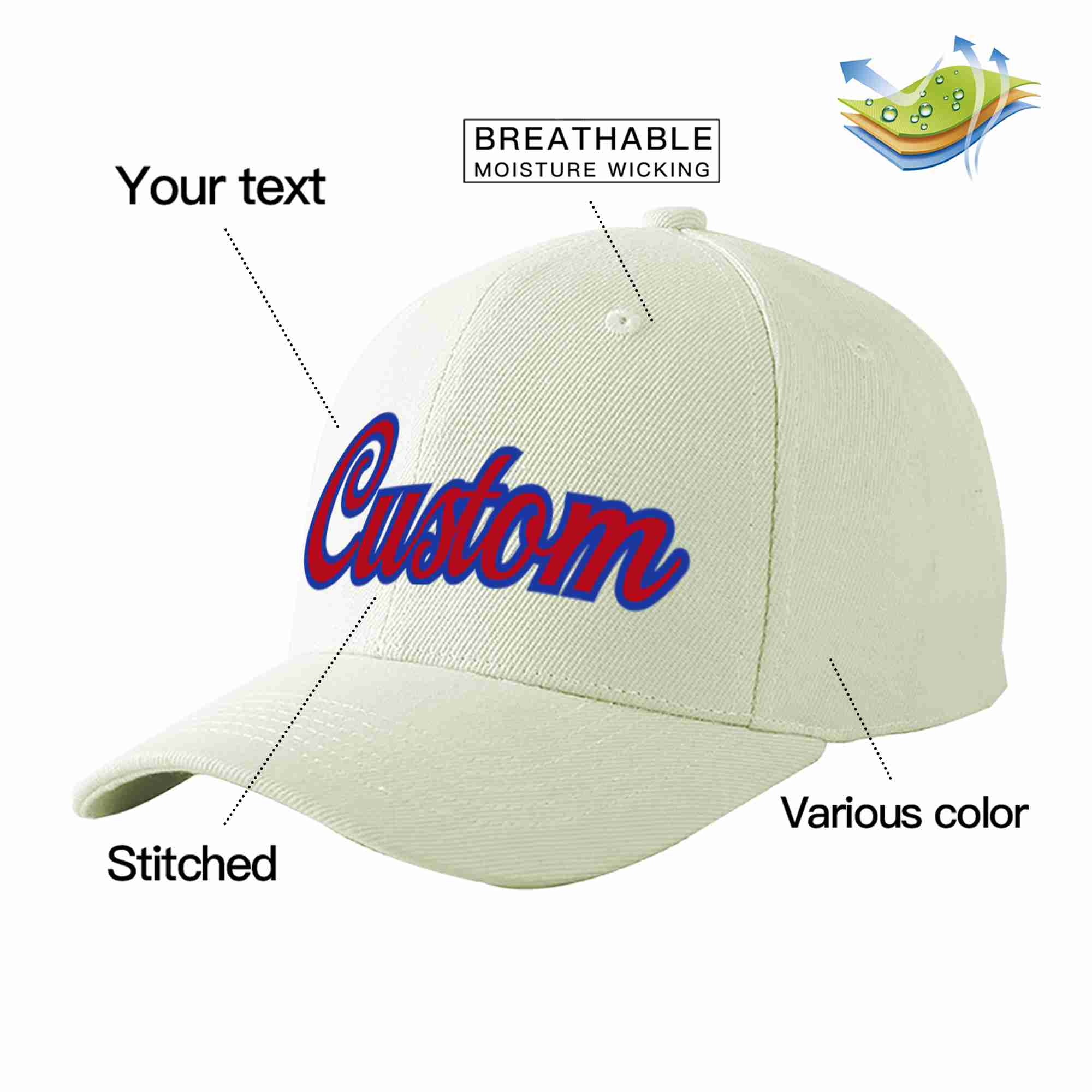 Custom Cream Red-Royal Curved Eaves Sport Baseball Cap Design for Men/Women/Youth