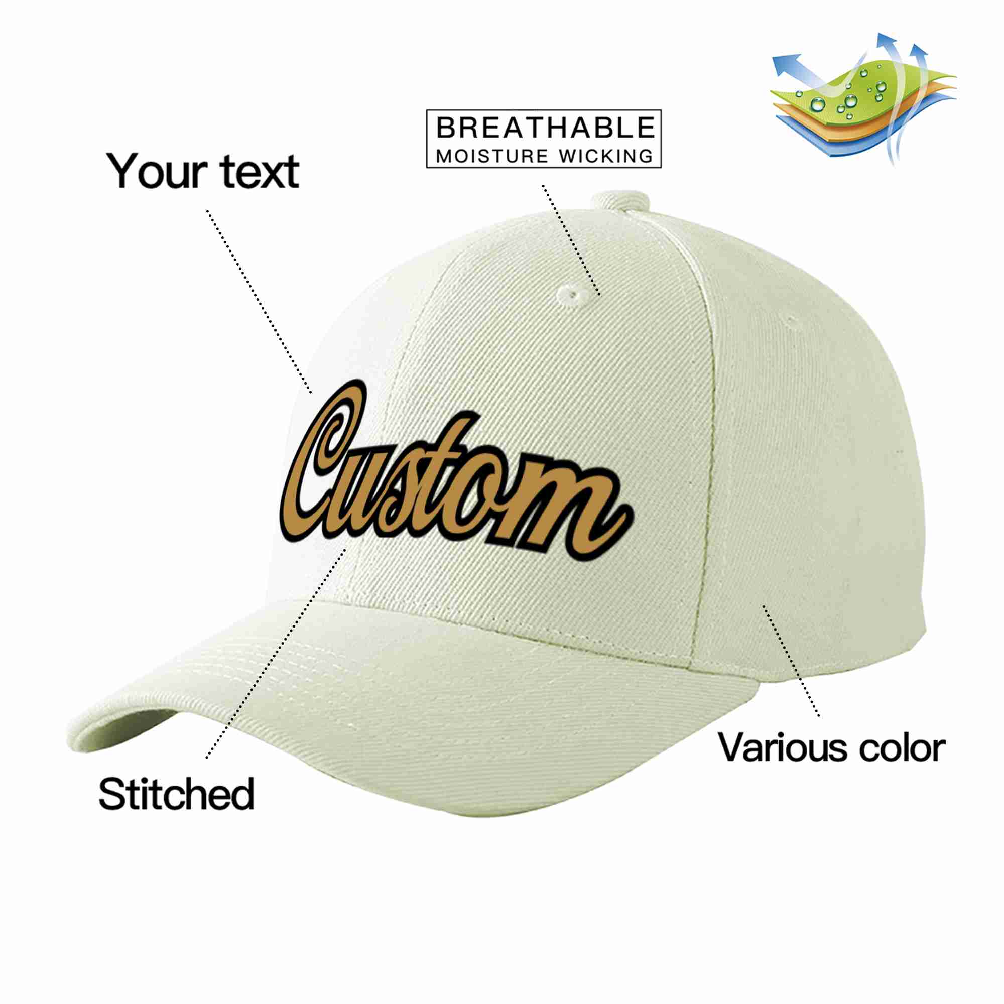 Custom Cream Old Gold-Black Curved Eaves Sport Baseball Cap Design for Men/Women/Youth