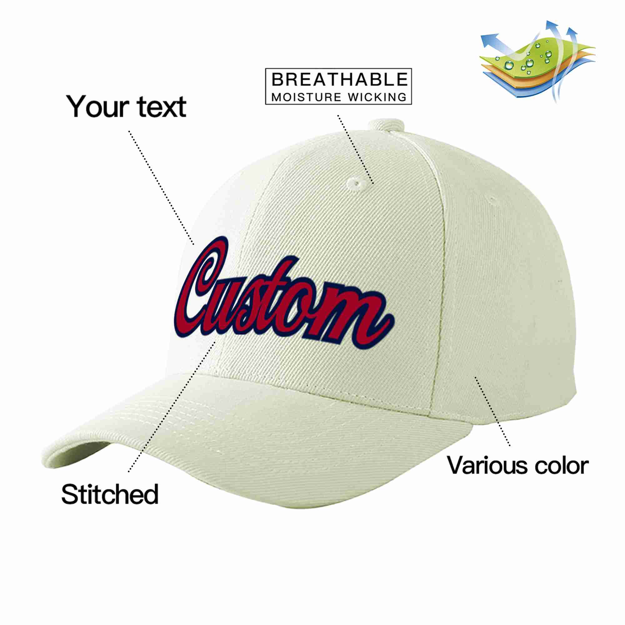 Custom Cream Red-Navy Curved Eaves Sport Baseball Cap Design for Men/Women/Youth