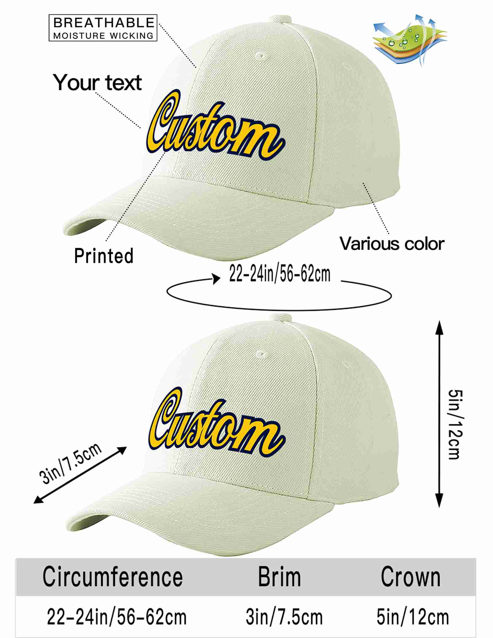 Custom Cream Gold-Navy Curved Eaves Sport Baseball Cap Design for Men/Women/Youth