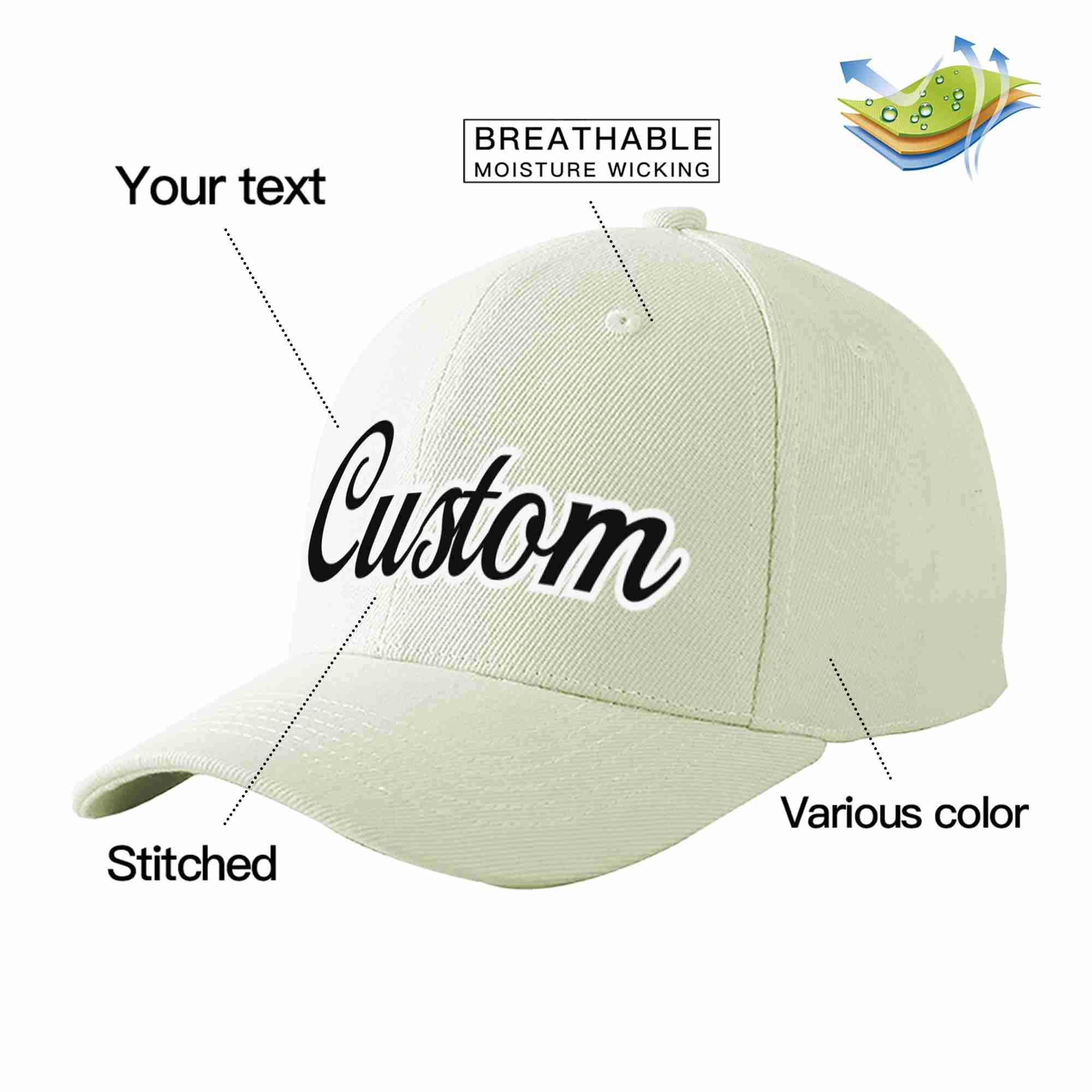 Conception personnalisée de casquette de baseball de sport incurvée noir-blanc crème pour hommes/femmes/jeunes