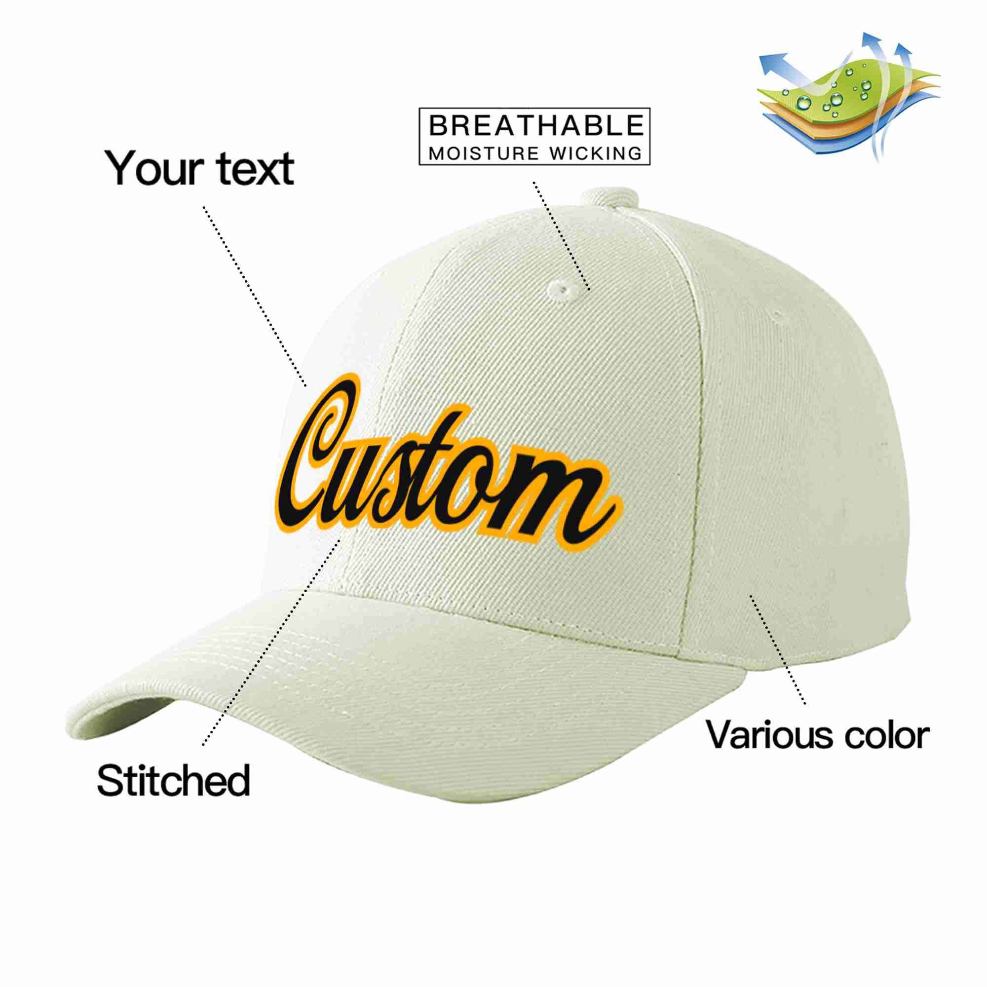 Custom Cream Black-Yellow Curved Eaves Sport Baseball Cap Design for Men/Women/Youth