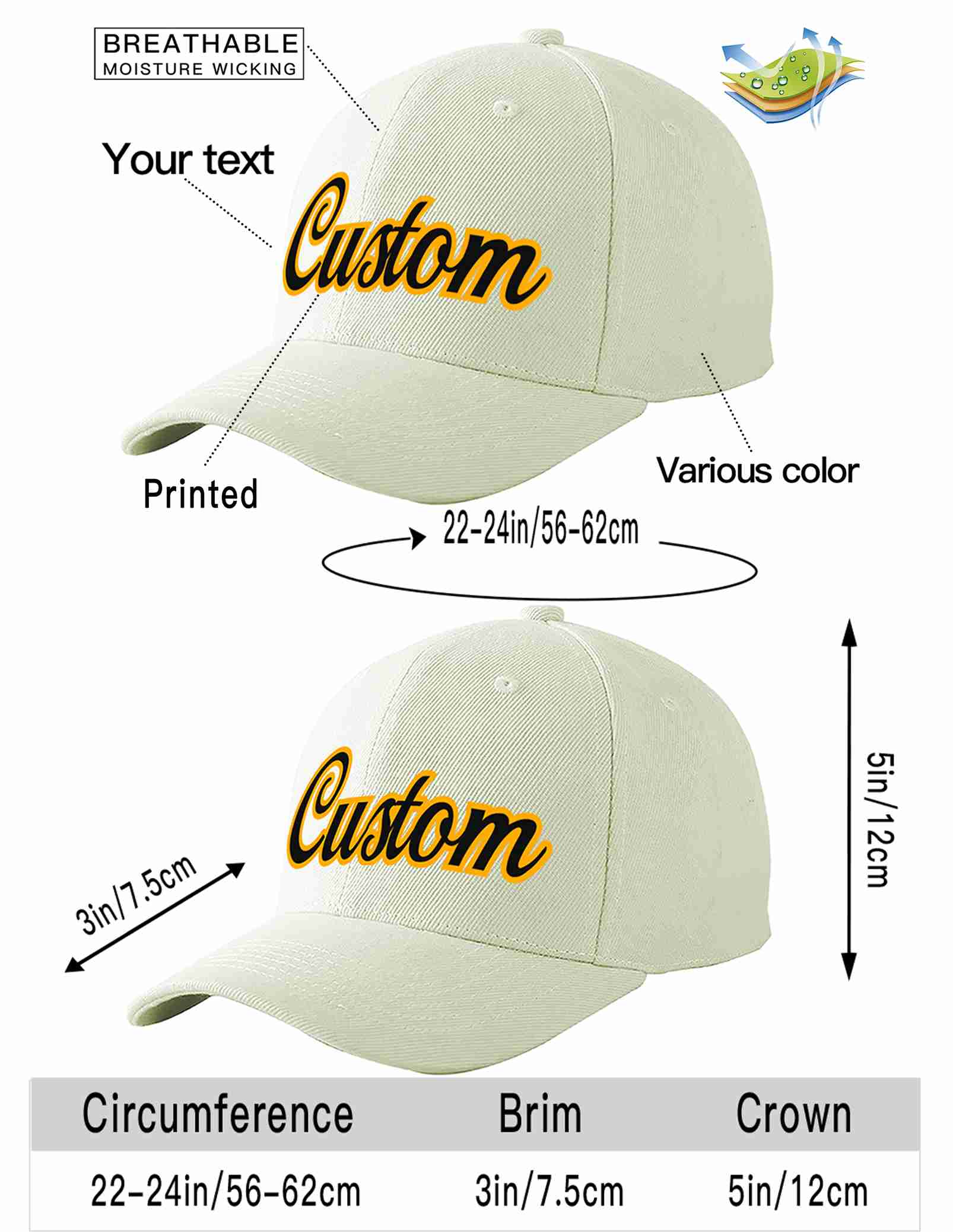 Custom Cream Black-Yellow Curved Eaves Sport Baseball Cap Design for Men/Women/Youth