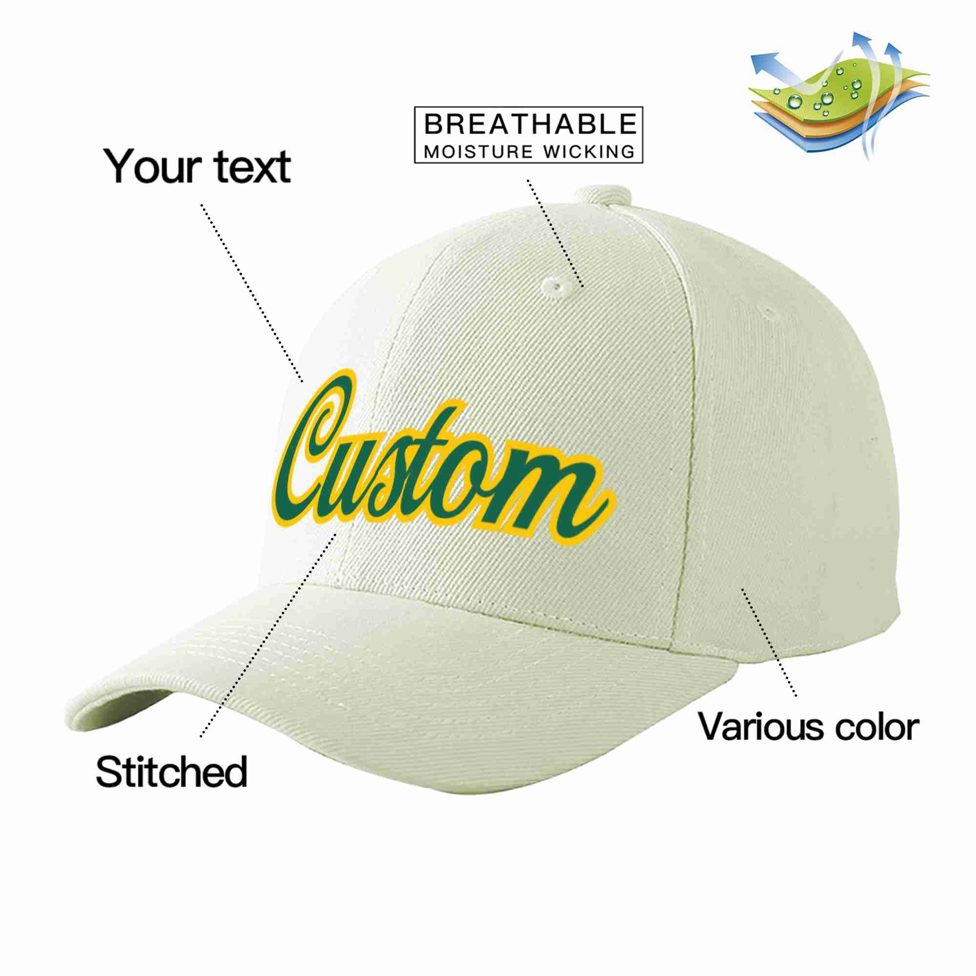 Custom Cream Kelly Green-Gold Curved Eaves Sport Baseball Cap Design for Men/Women/Youth