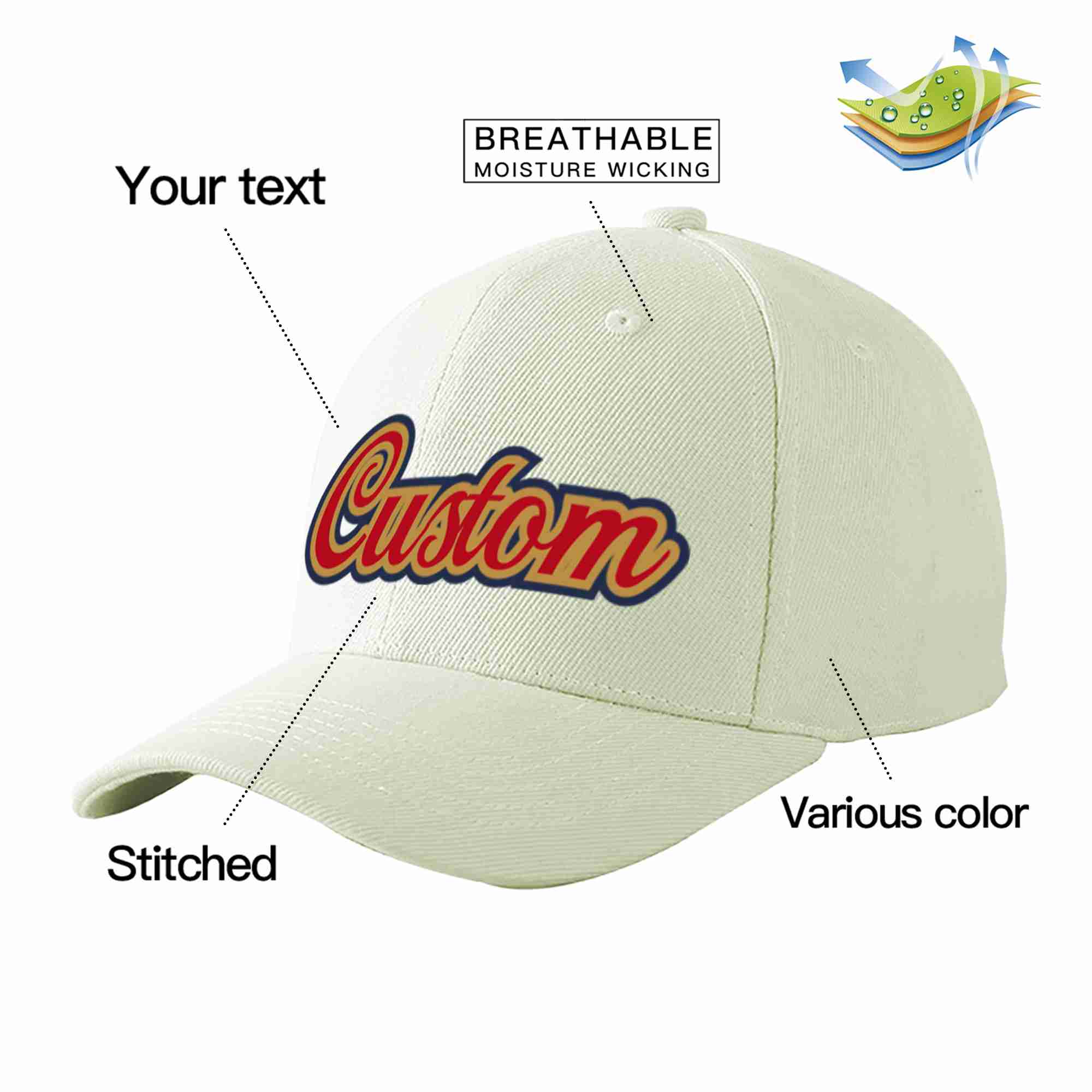 Conception personnalisée de casquette de baseball de sport à avant-toit incurvé rouge-vieil or crème pour hommes/femmes/jeunes