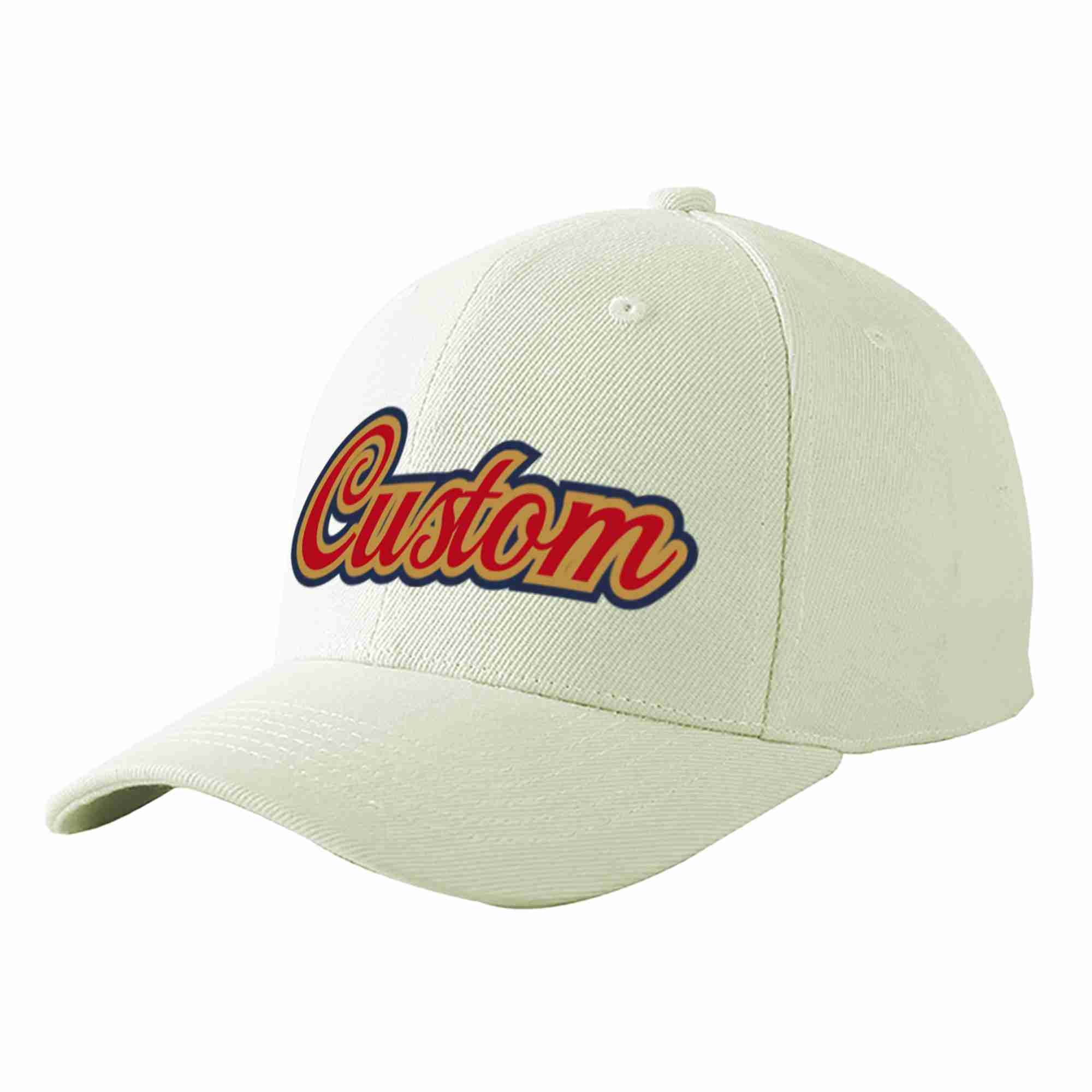 Conception personnalisée de casquette de baseball de sport à avant-toit incurvé rouge-vieil or crème pour hommes/femmes/jeunes