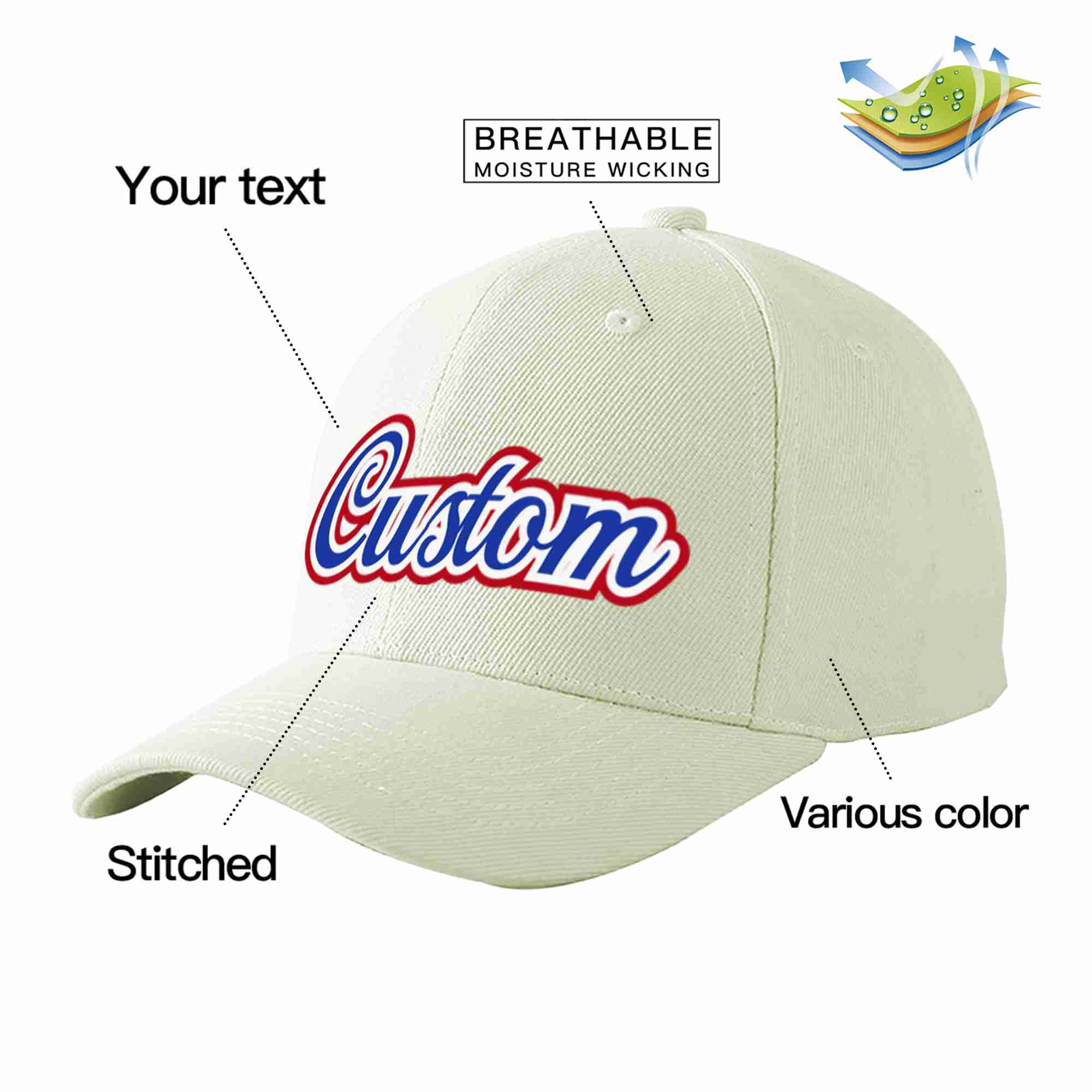 Custom Cream Royal-White Curved Eaves Sport Baseball Cap Design for Men/Women/Youth