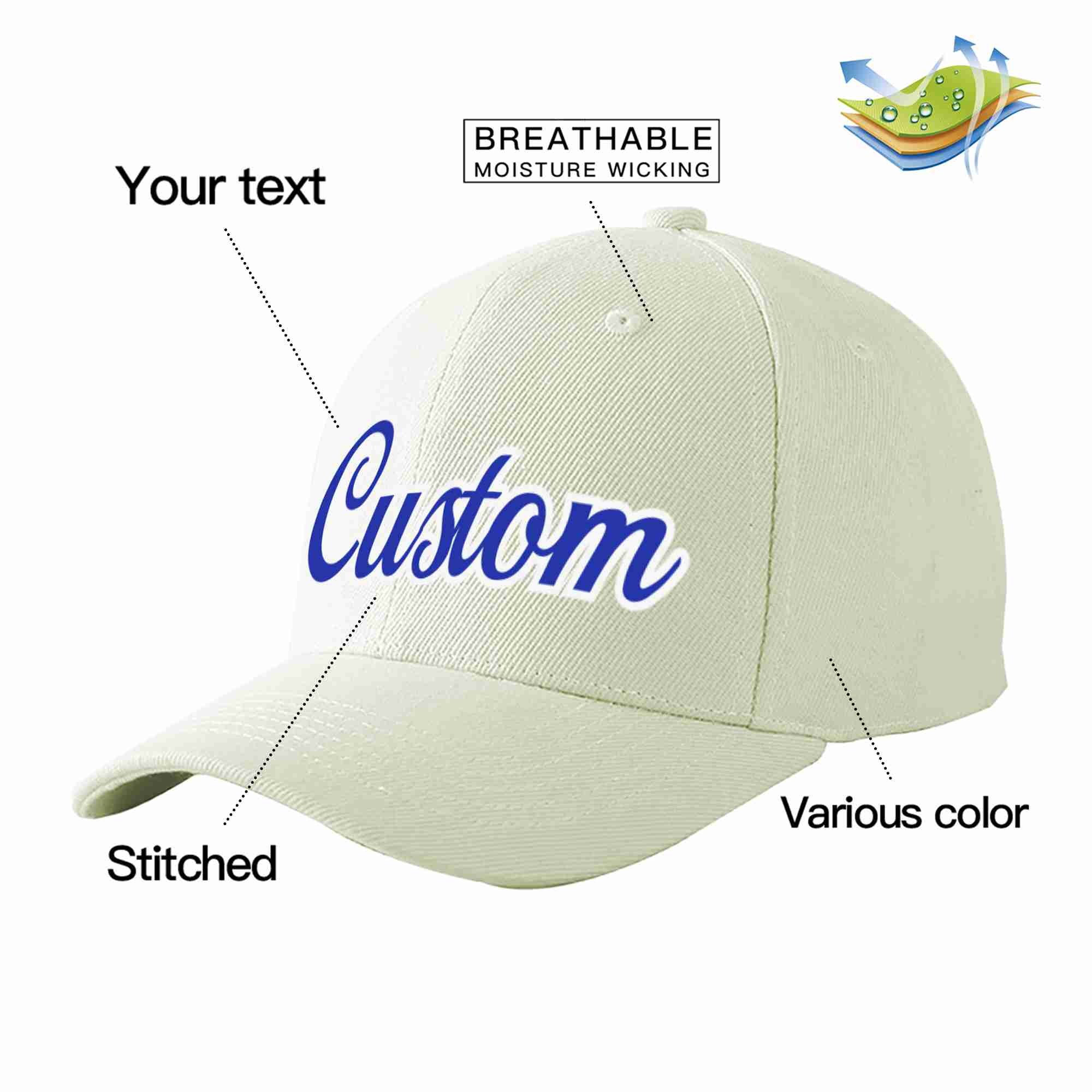 Custom Cream Royal-White Curved Eaves Sport Baseball Cap Design for Men/Women/Youth