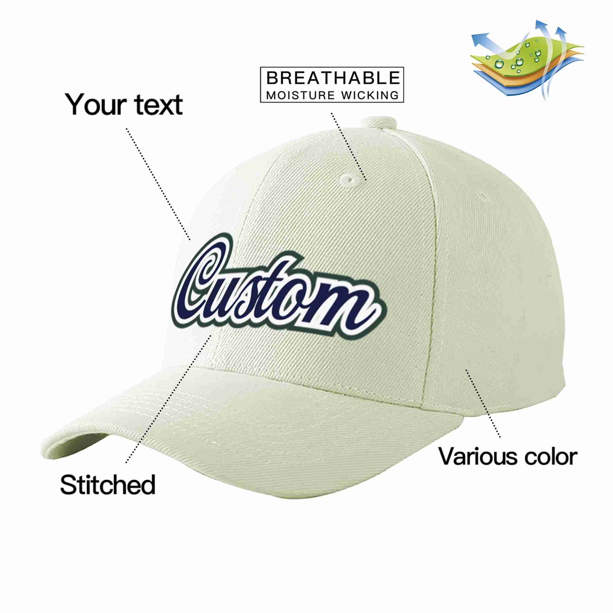 Custom Cream Navy-White Curved Eaves Sport Baseball Cap Design for Men/Women/Youth