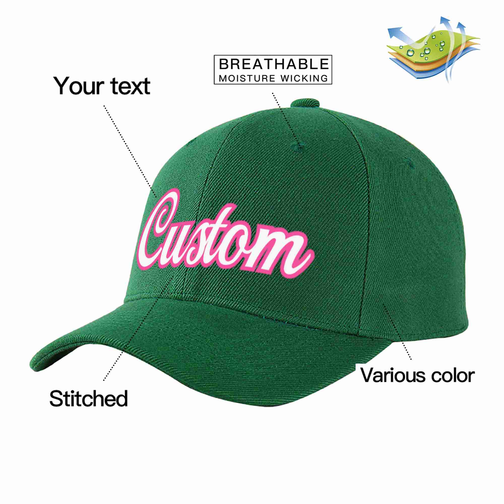 Custom Green White-Pink Curved Eaves Sport Baseball Cap Design for Men/Women/Youth