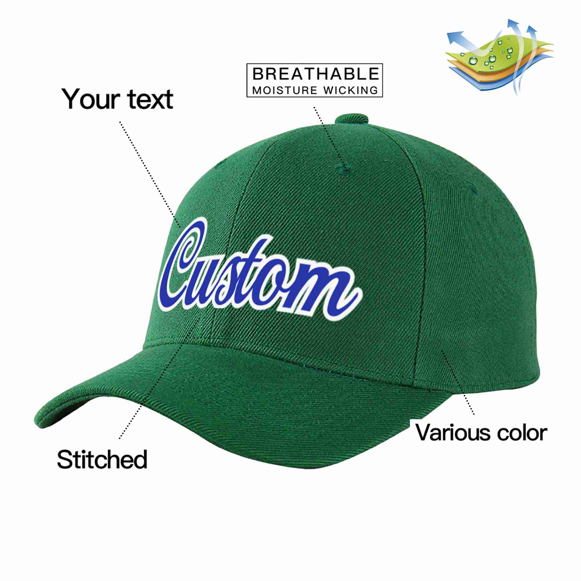 Conception personnalisée de casquette de baseball de sport incurvée vert royal-blanc pour hommes/femmes/jeunes