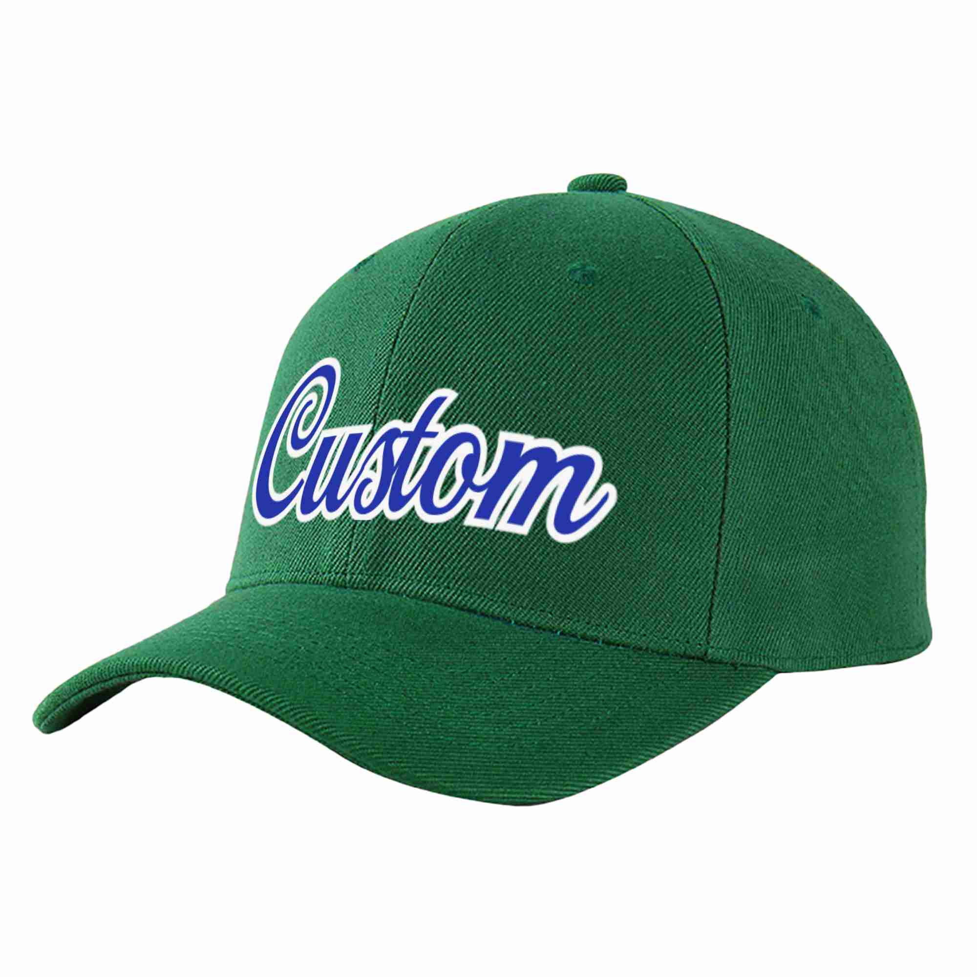 Conception personnalisée de casquette de baseball de sport incurvée vert royal-blanc pour hommes/femmes/jeunes