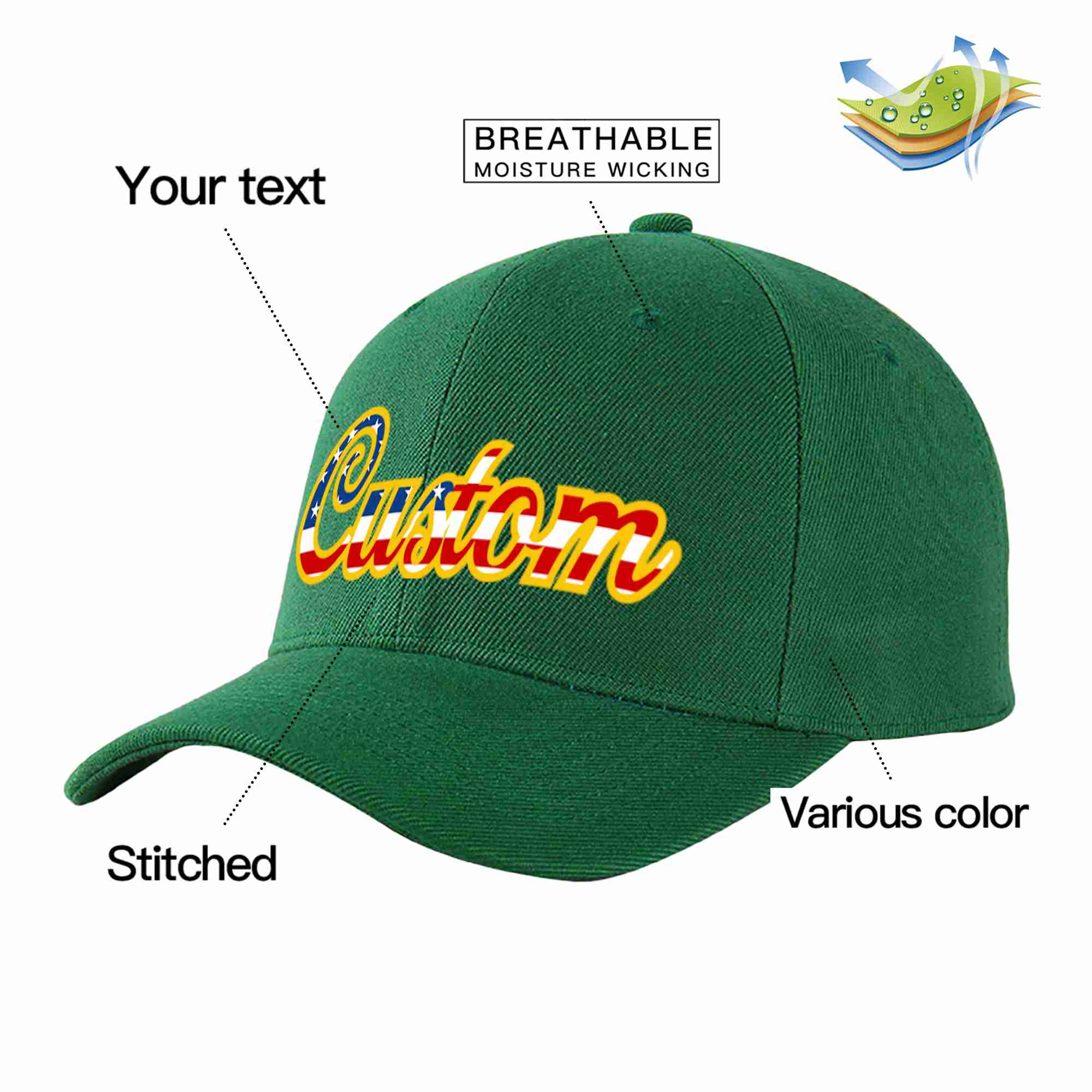 Custom Green Vintage USA Flag-Gold Curved Eaves Sport Baseball Cap Design for Men/Women/Youth