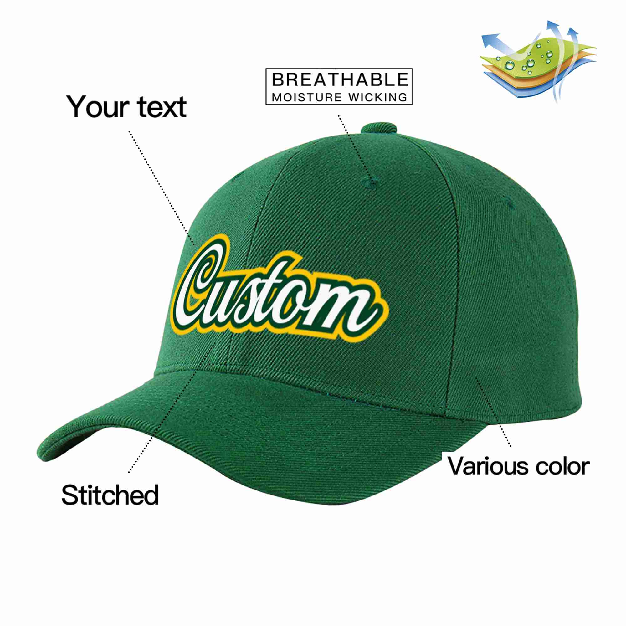 Custom Green White-Kelly Green Curved Eaves Sport Baseball Cap Design for Men/Women/Youth