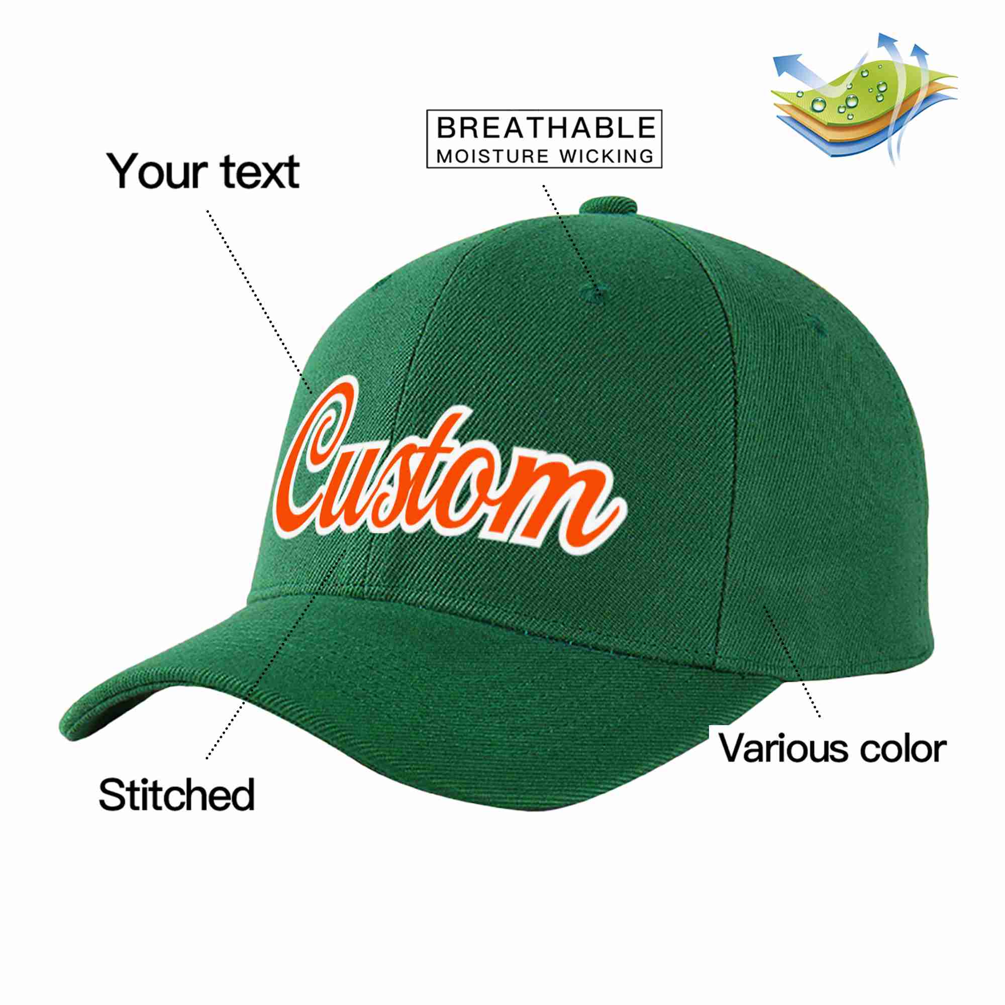 Custom Green Orange-White Curved Eaves Sport Baseball Cap Design for Men/Women/Youth