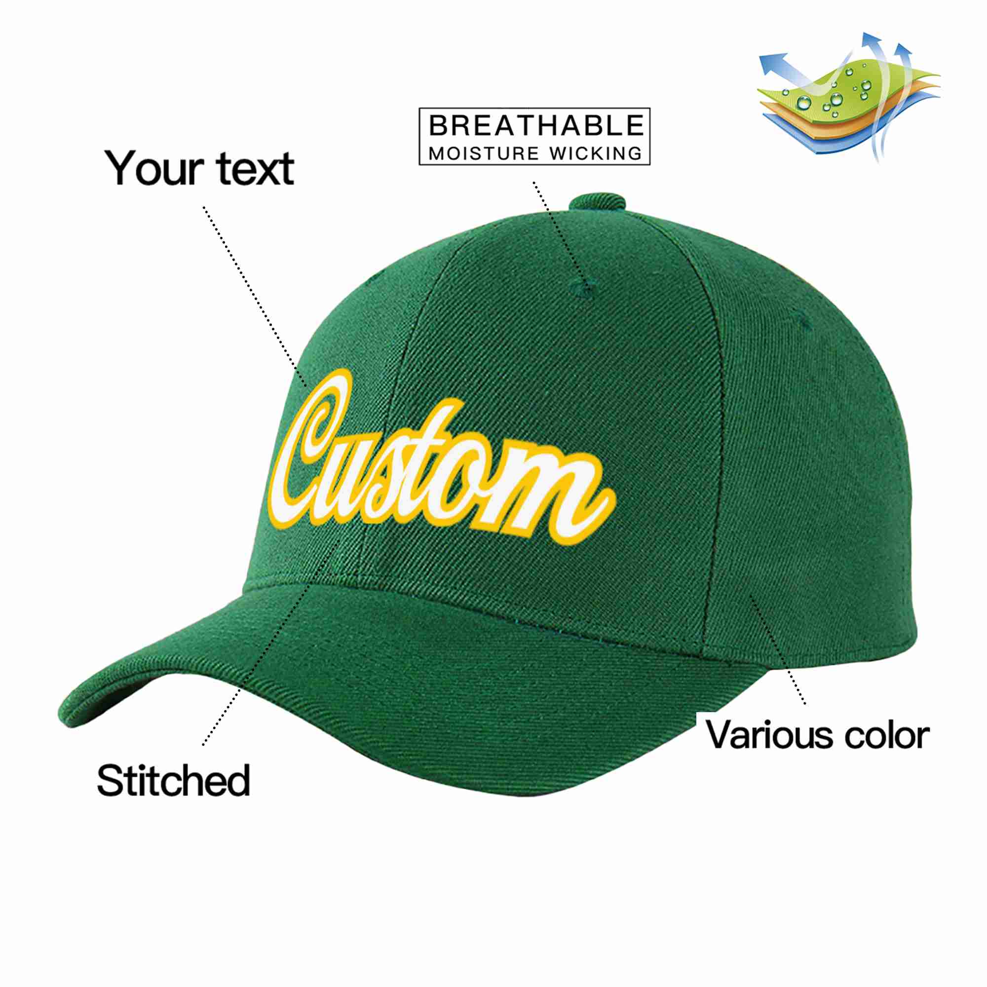 Conception personnalisée de casquette de baseball de sport incurvée vert blanc-or pour hommes/femmes/jeunes