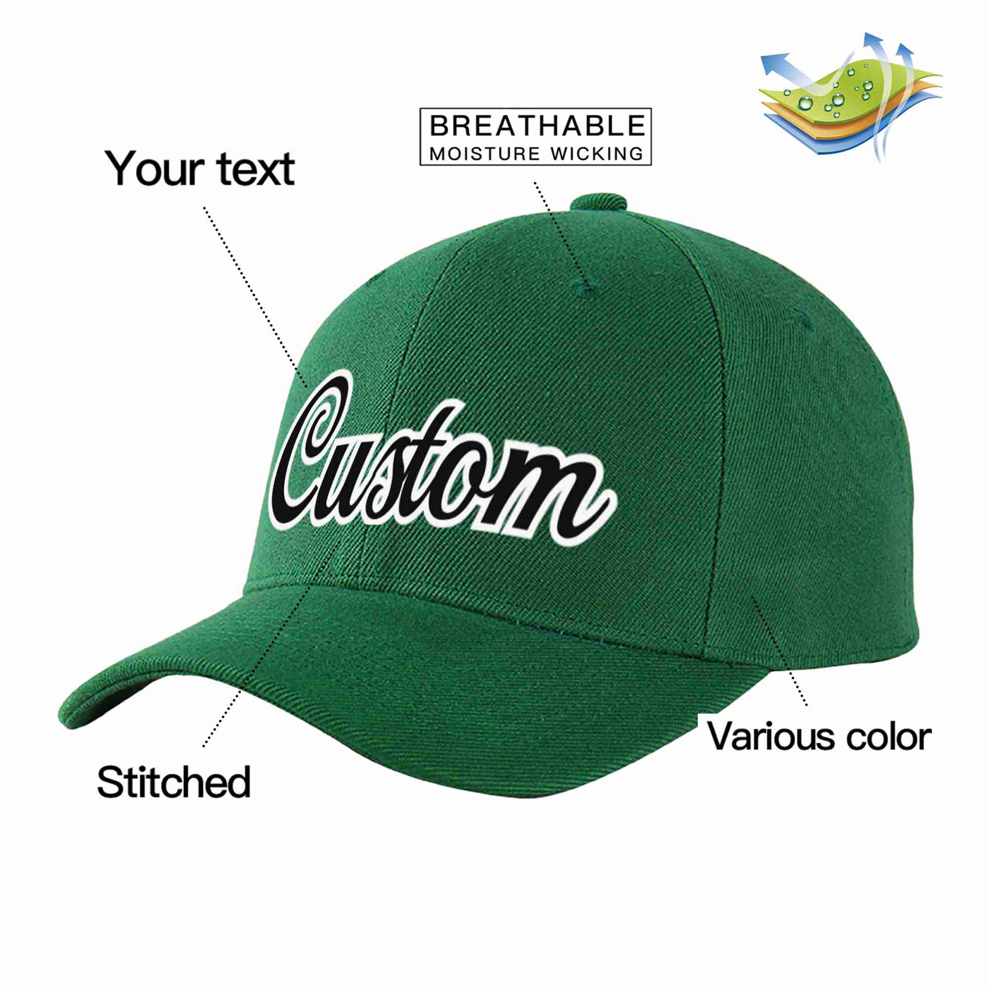 Custom Green Black-White Curved Eaves Sport Baseball Cap Design for Men/Women/Youth