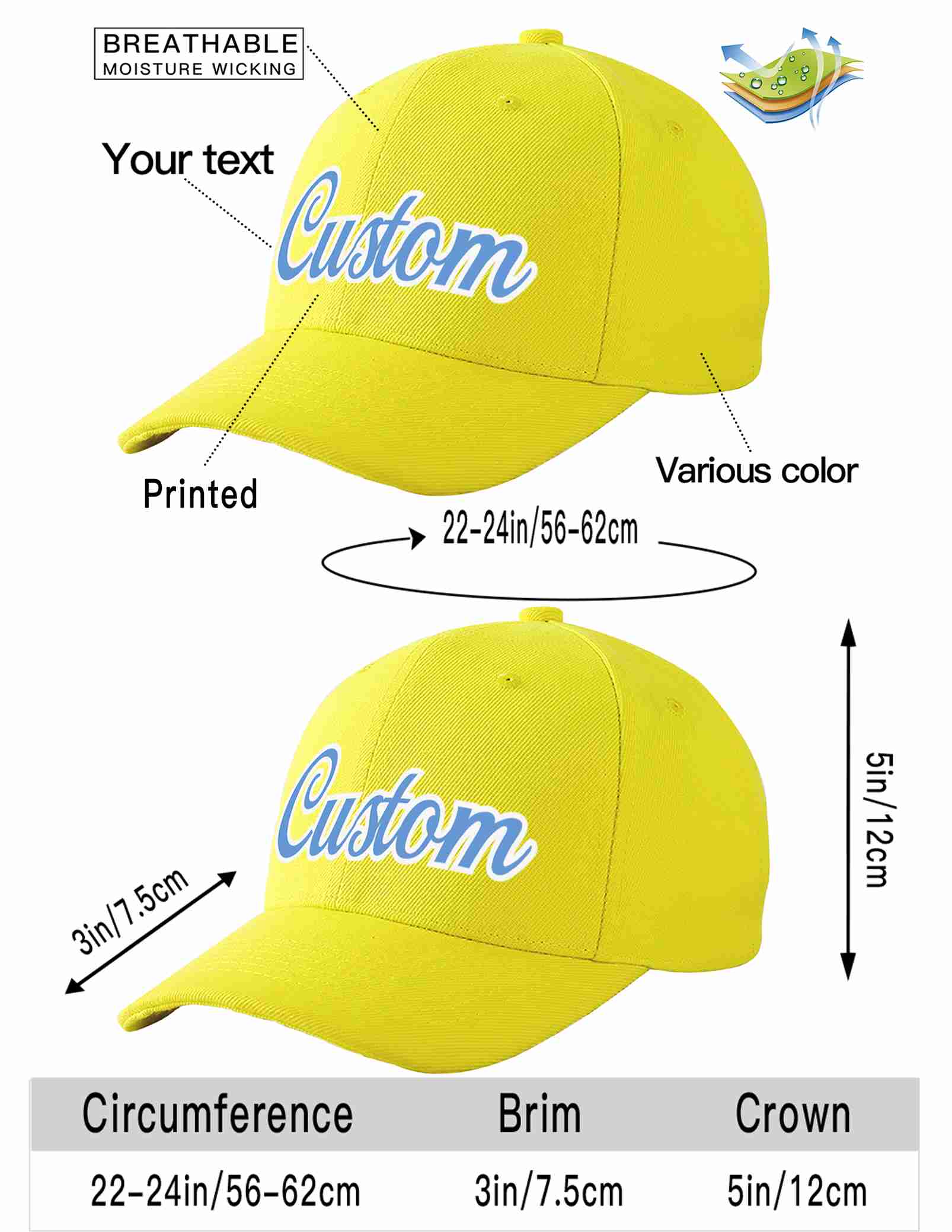 Custom Yellow Light Blue-White Curved Eaves Sport Baseball Cap Design for Men/Women/Youth